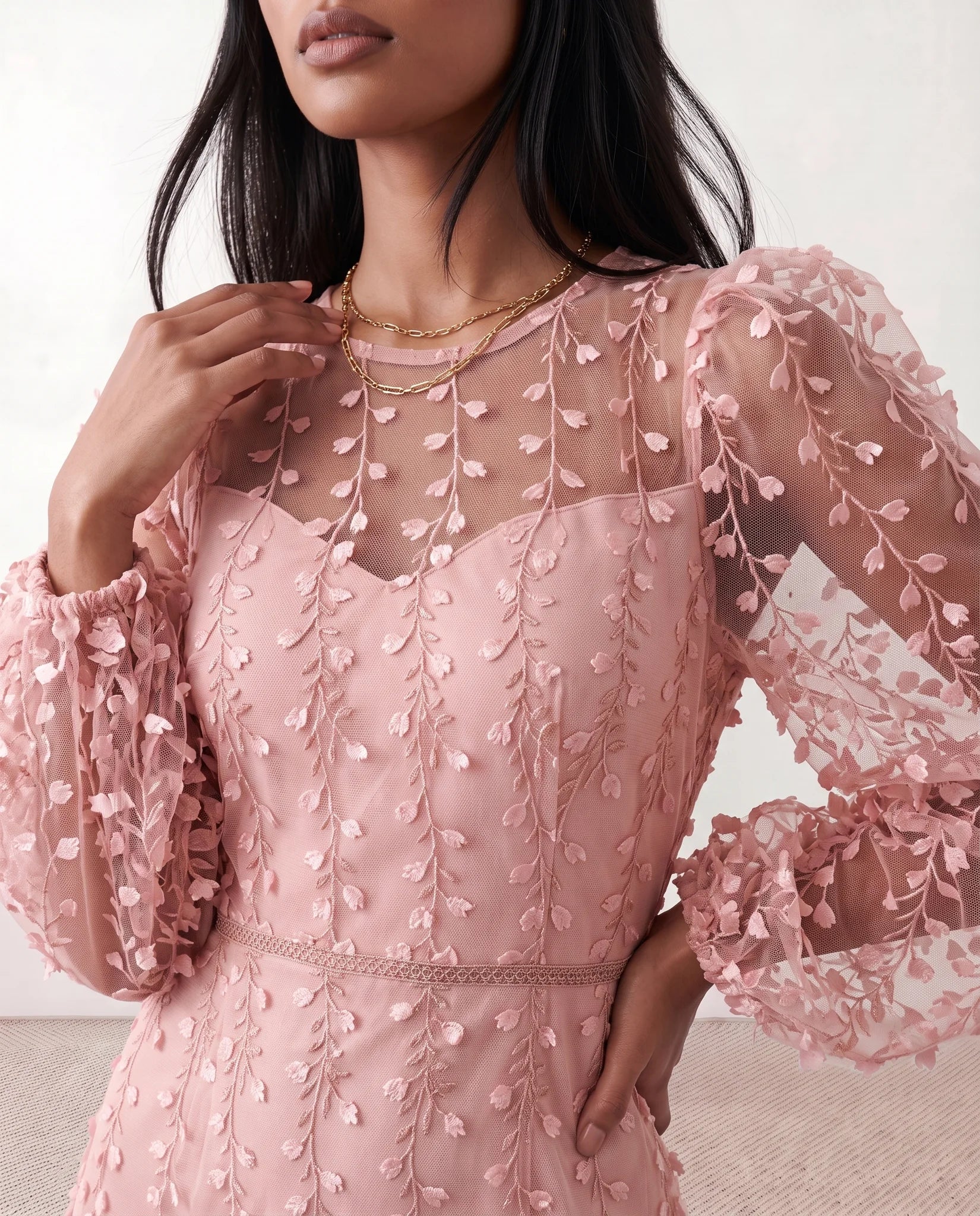 Letitia Fitted Embroidered Knee Length Dress in Pink — detail close-up
