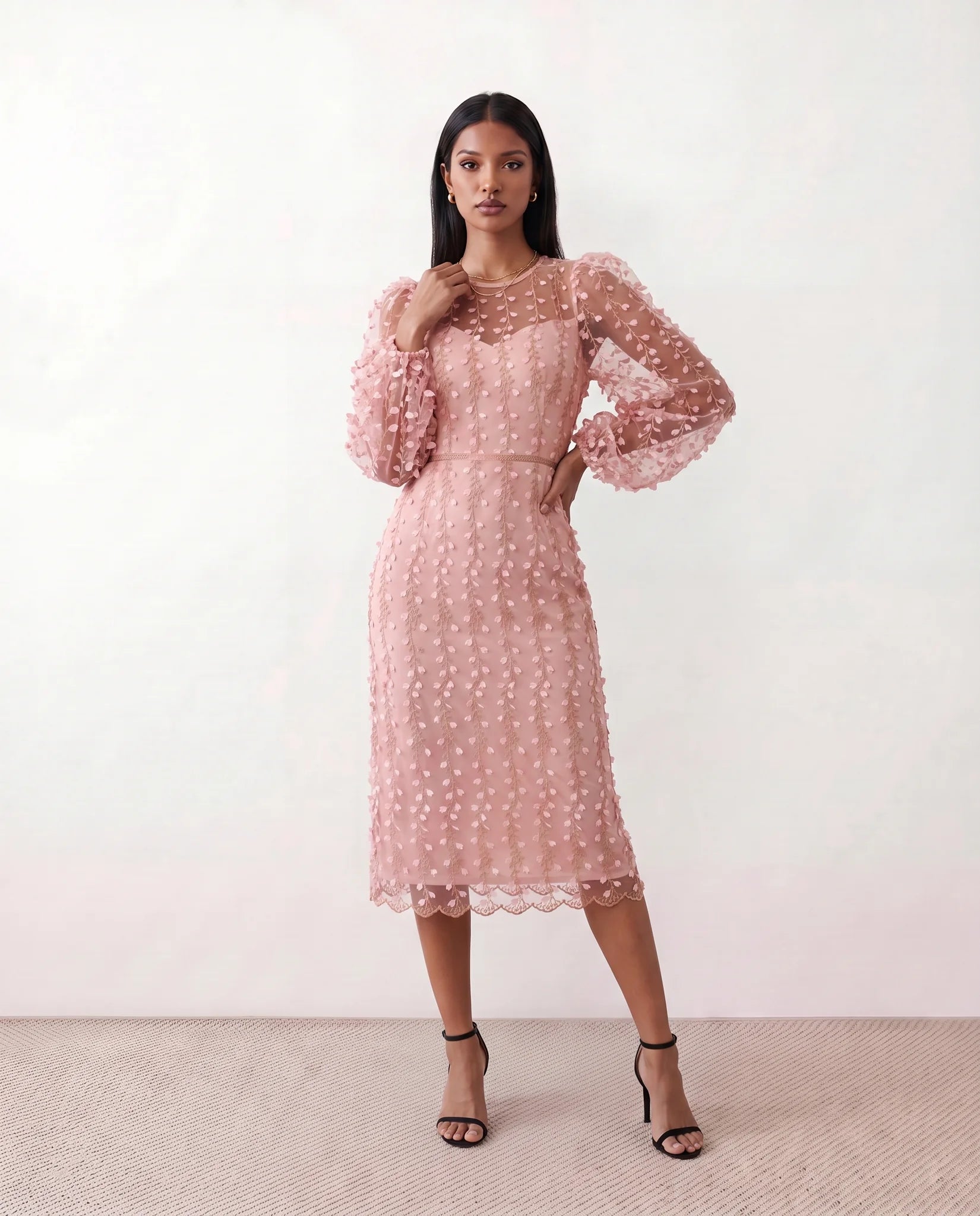 Letitia Fitted Embroidered Knee Length Dress in Pink — front view