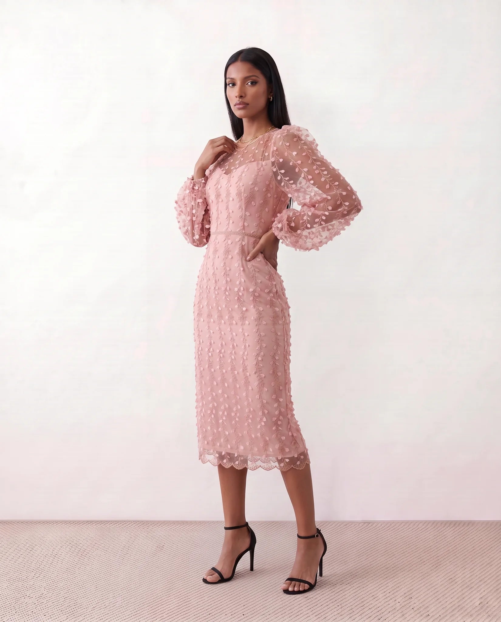 Letitia Fitted Embroidered Knee Length Dress in Pink — side view