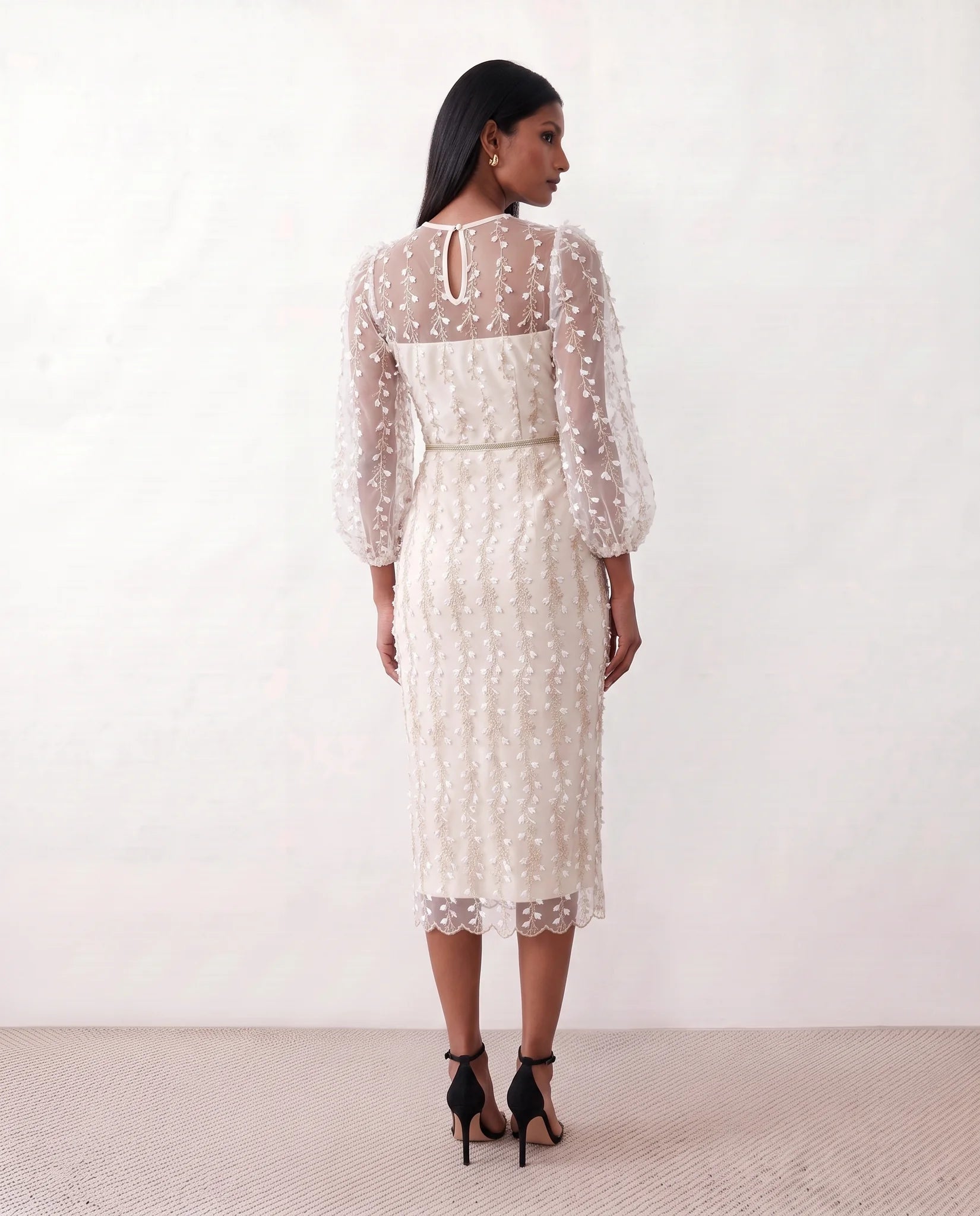 Letitia Fitted Embroidered Knee Length Dress in White — back view