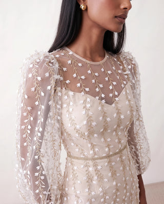 Letitia Fitted Embroidered Knee Length Dress in White — detail close-up