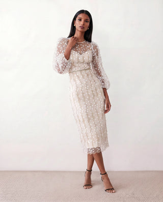 Letitia Fitted Embroidered Knee Length Dress in White — front view