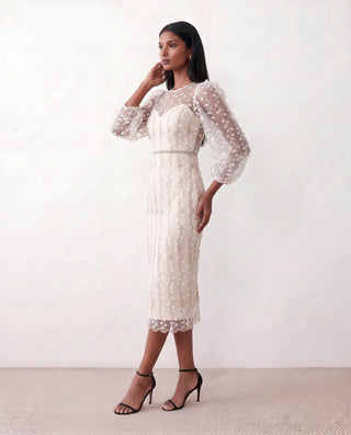 Letitia Fitted Embroidered Knee Length Dress in White — side view