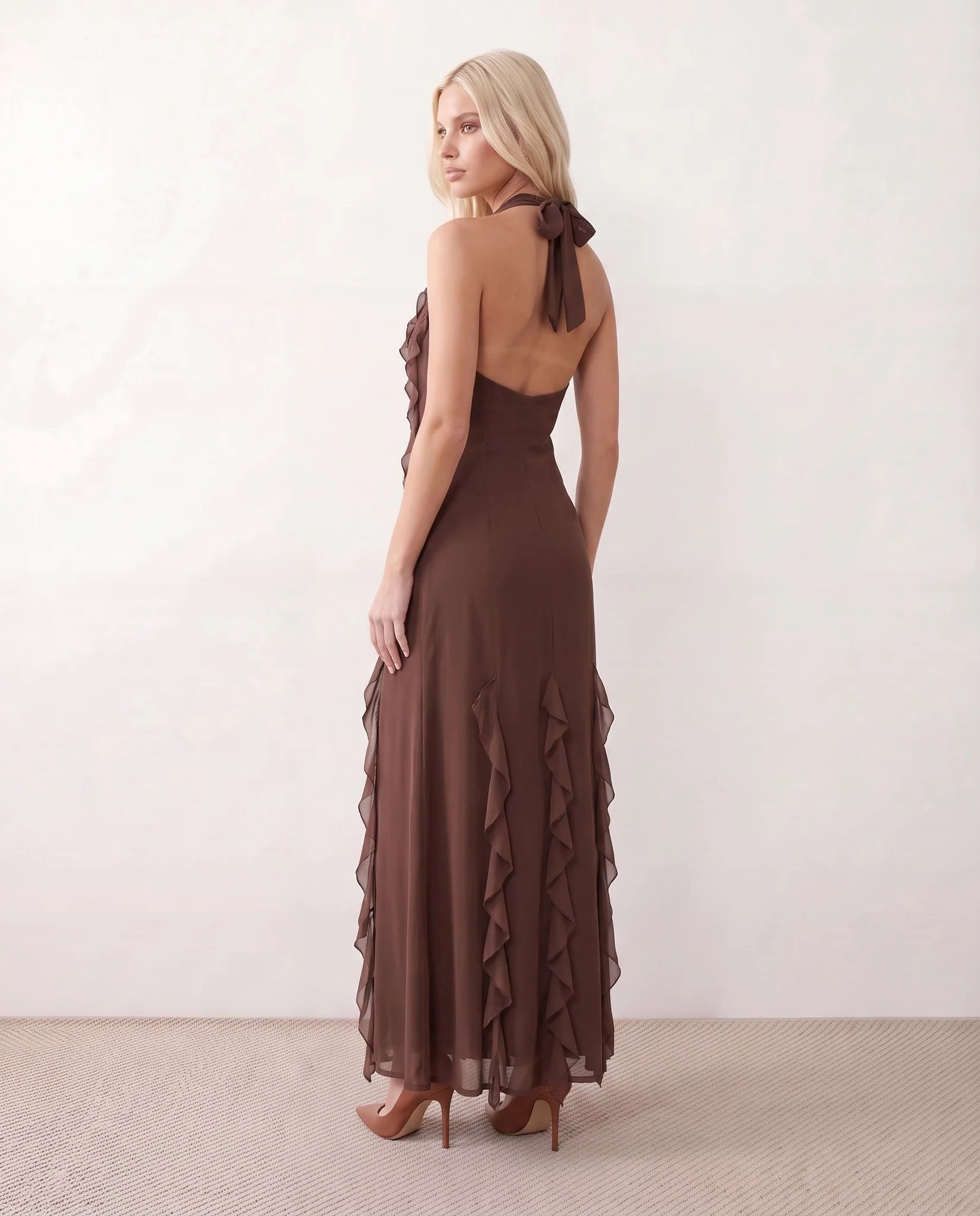 Josefine Halter Plunge Neck Maxi Dress in Brown — back view