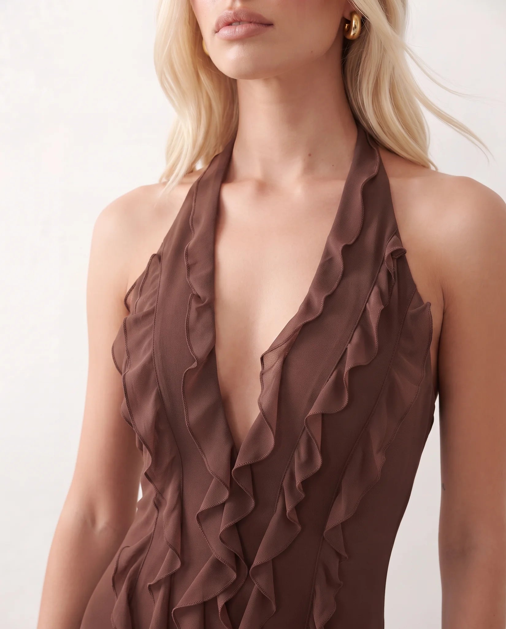 Josefine Halter Plunge Neck Maxi Dress in Brown — detail close-up