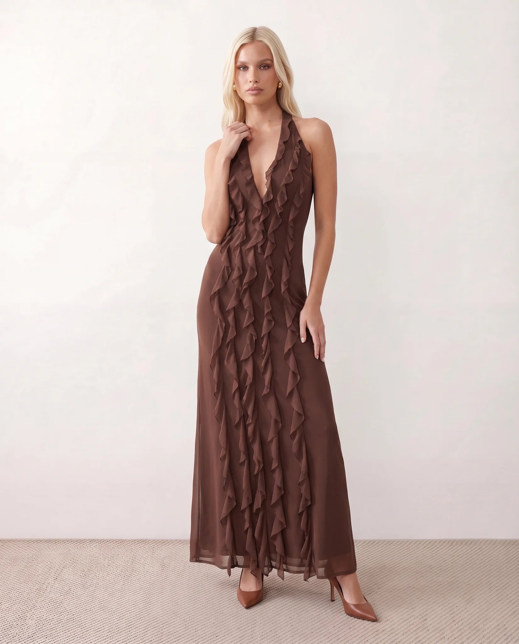 Josefine Halter Plunge Neck Maxi Dress in Brown — front view