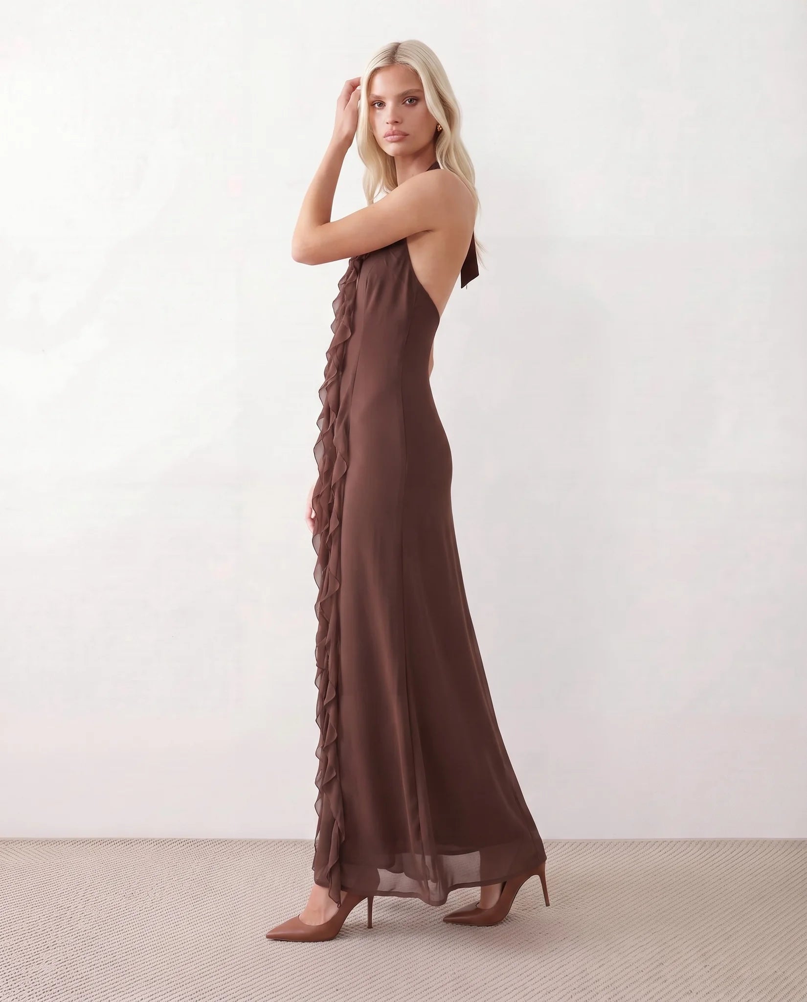 Josefine Halter Plunge Neck Maxi Dress in Brown — side view