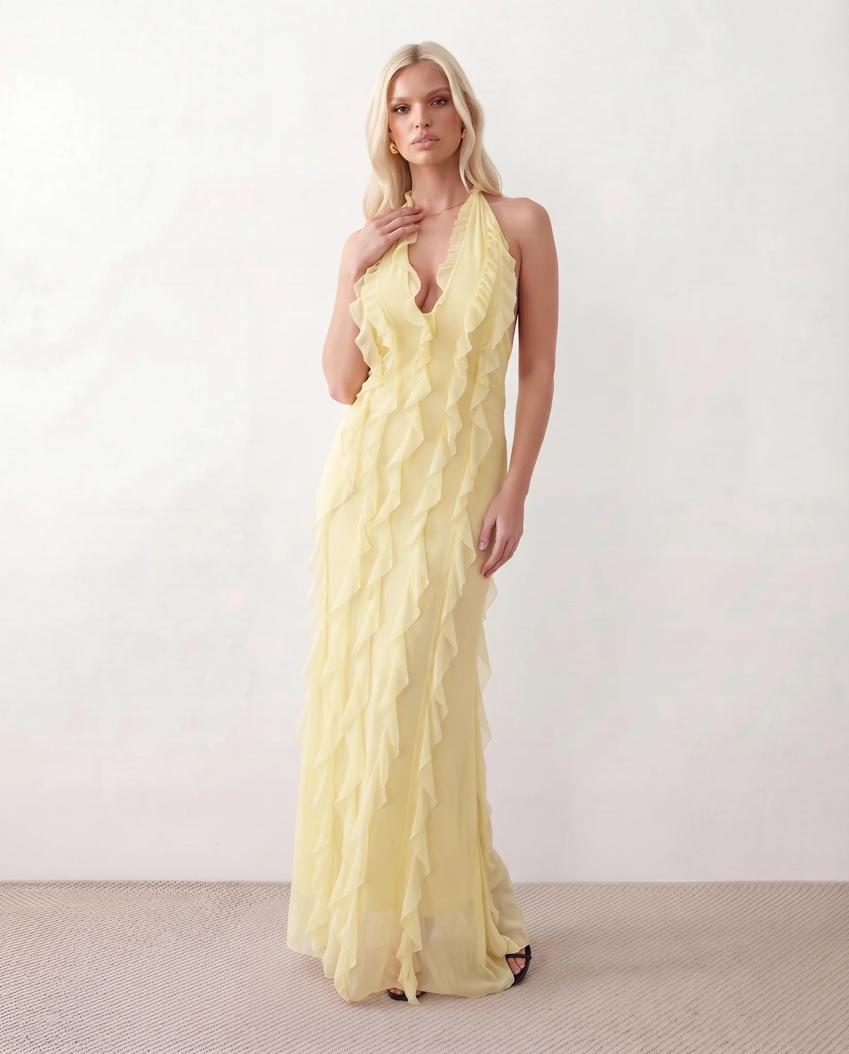 Josefine Halter Plunge Neck Maxi Dress in Yellow — front view