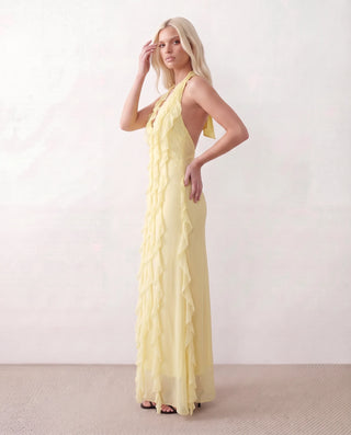 Josefine Halter Plunge Neck Maxi Dress in Yellow — side view