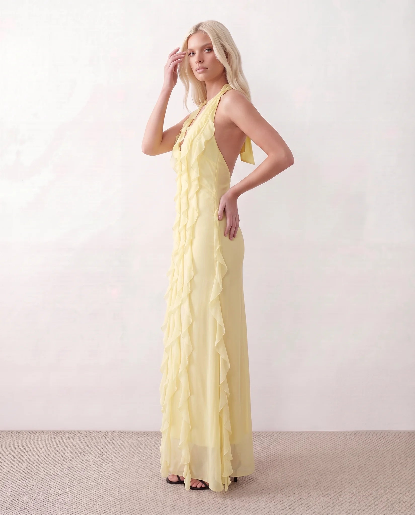Josefine Halter Plunge Neck Maxi Dress in Yellow — side view