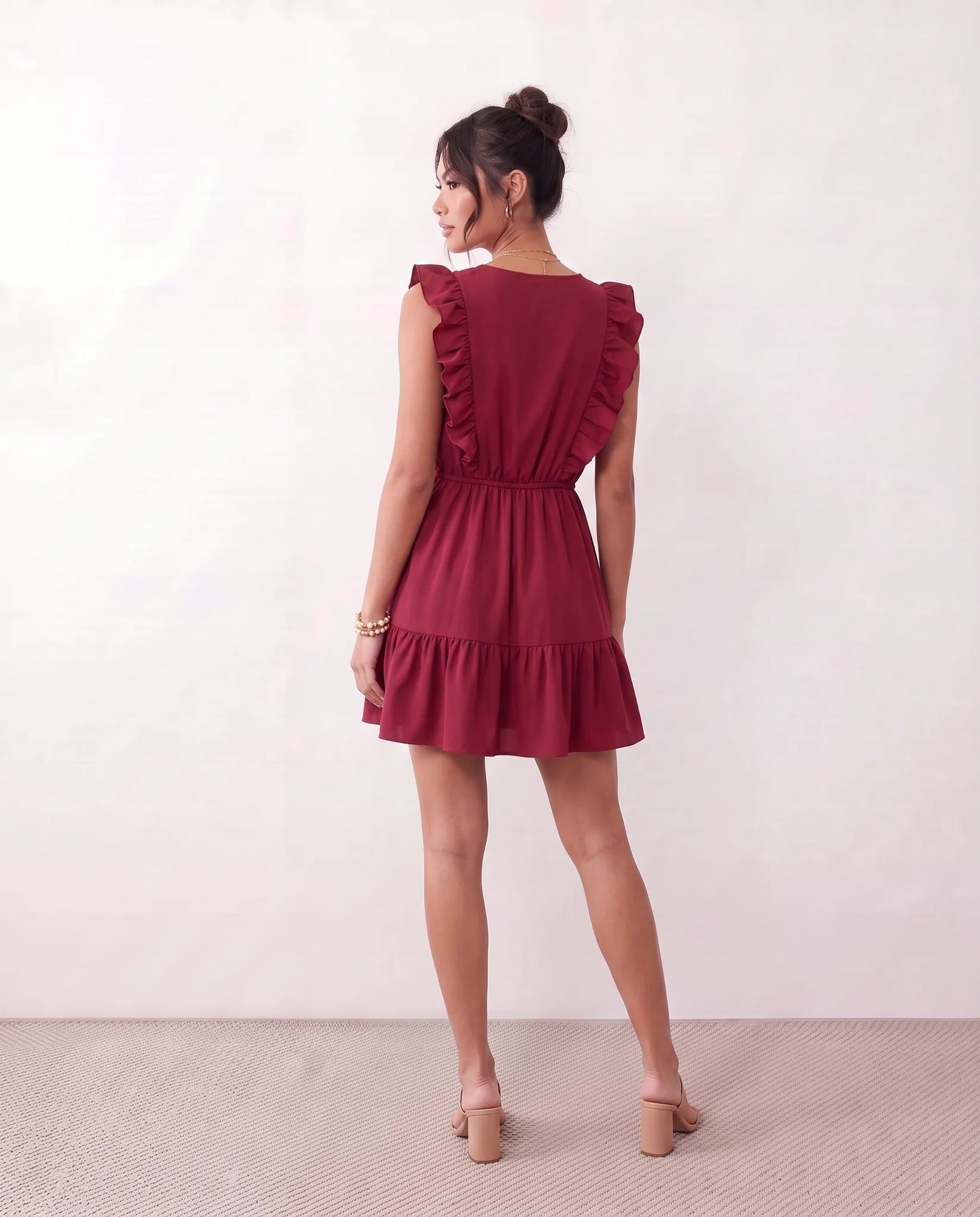 Marita Ruffle Detail Mini Dress in Burgundy — back view
