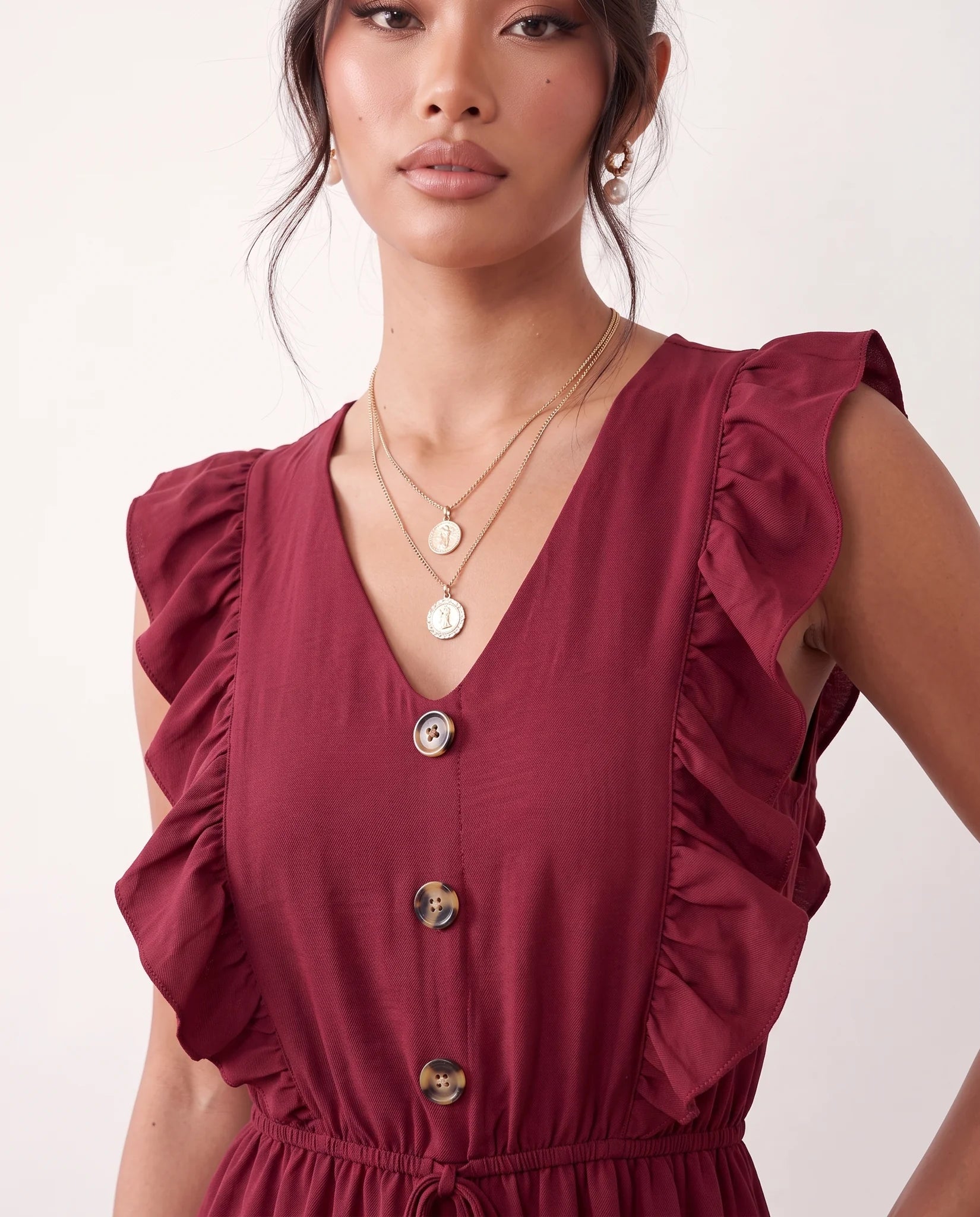 Marita Ruffle Detail Mini Dress in Burgundy — detail close-up