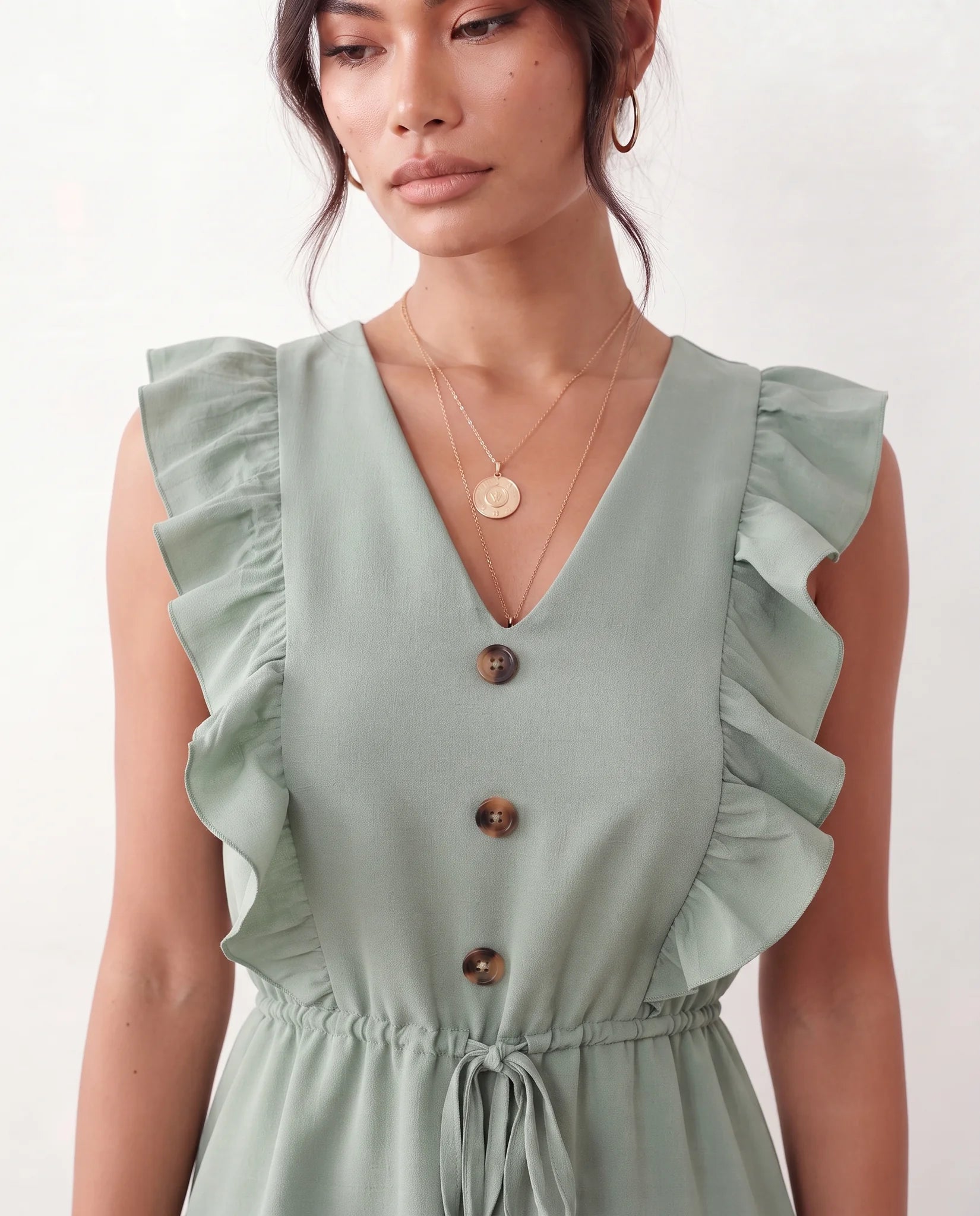 Marita Ruffle Detail Mini Dress in Green — detail close-up
