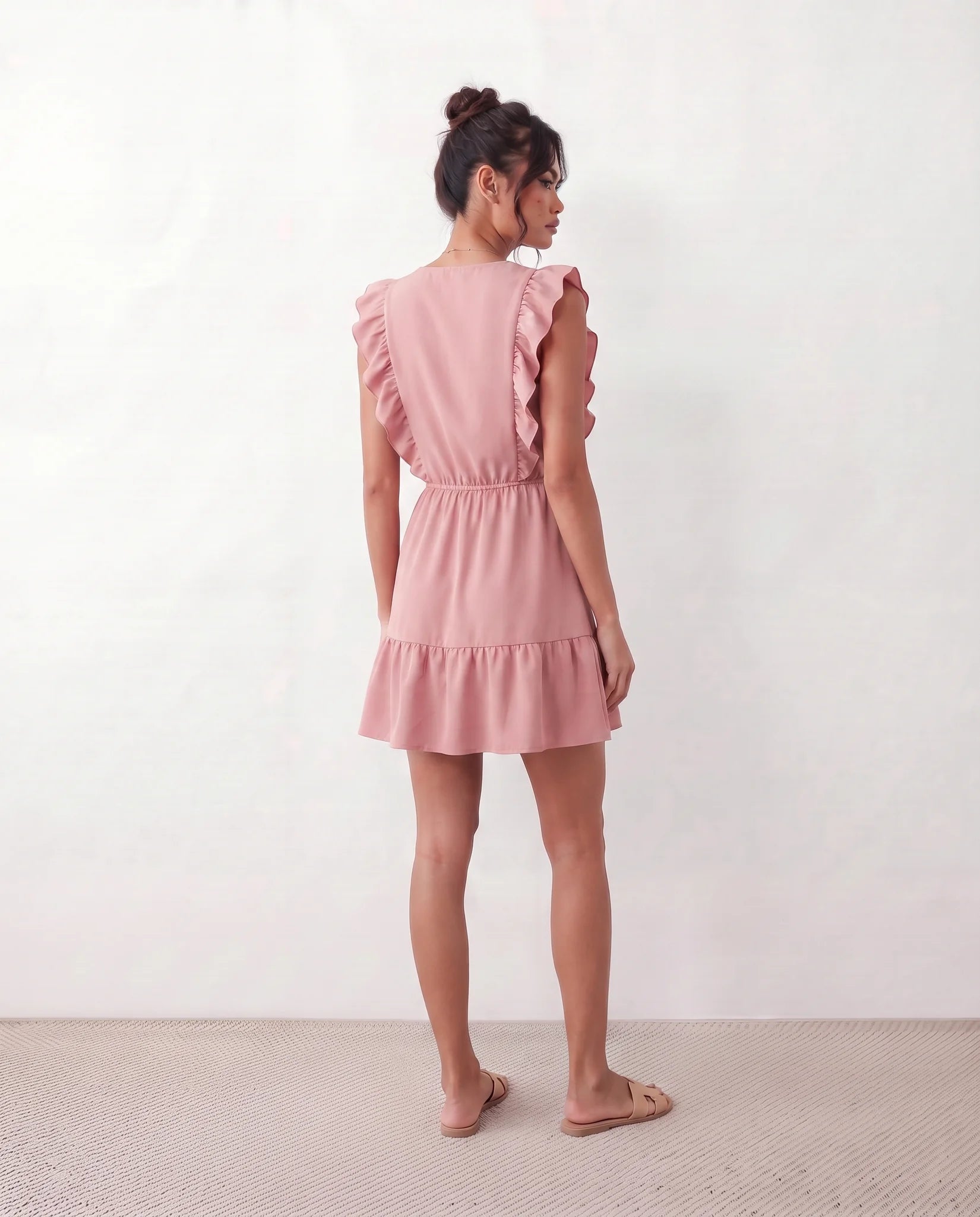 Marita Ruffle Detail Mini Dress in Pink — back view
