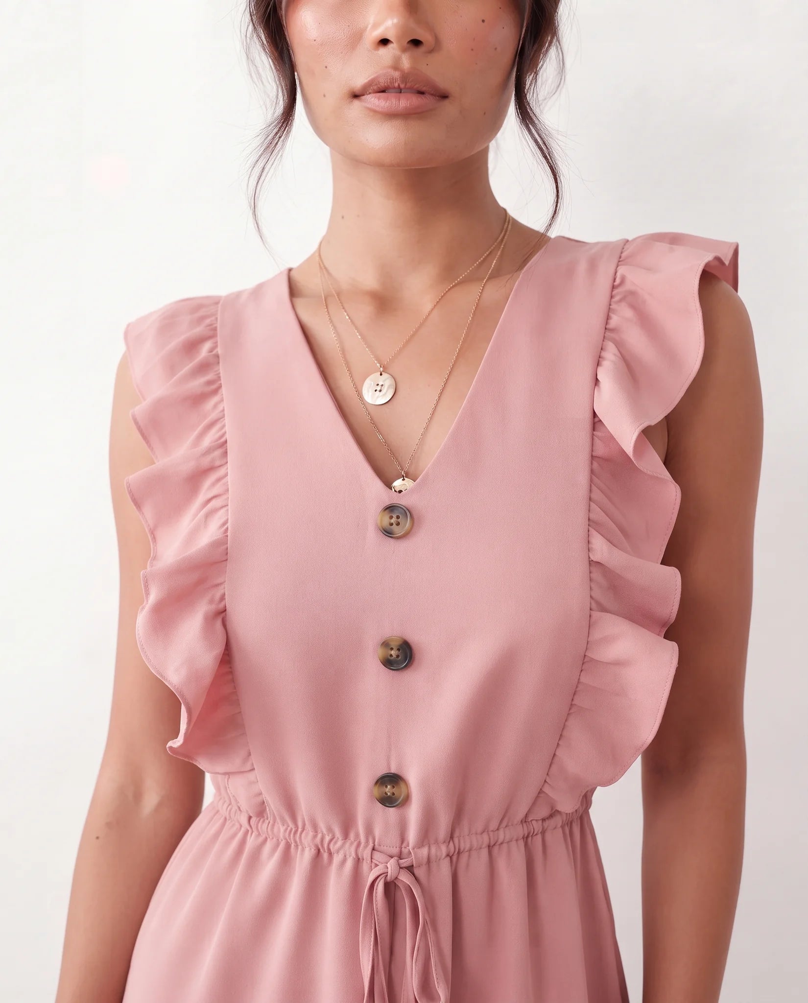 Marita Ruffle Detail Mini Dress in Pink — detail close-up
