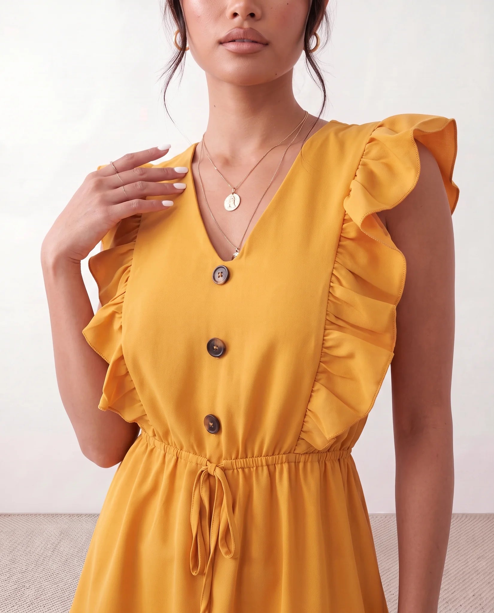 Marita Ruffle Detail Mini Dress in Yellow — detail close-up