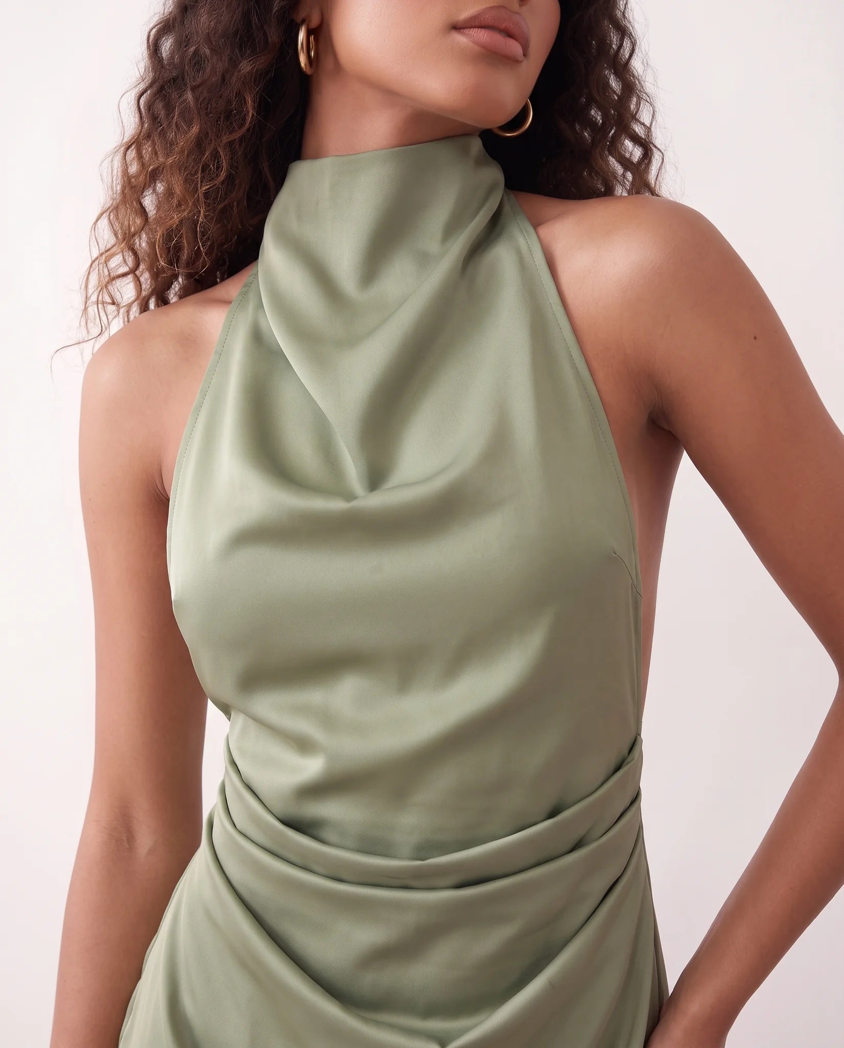Piia Glossy Halter Mini Dress in Green — detail close-up