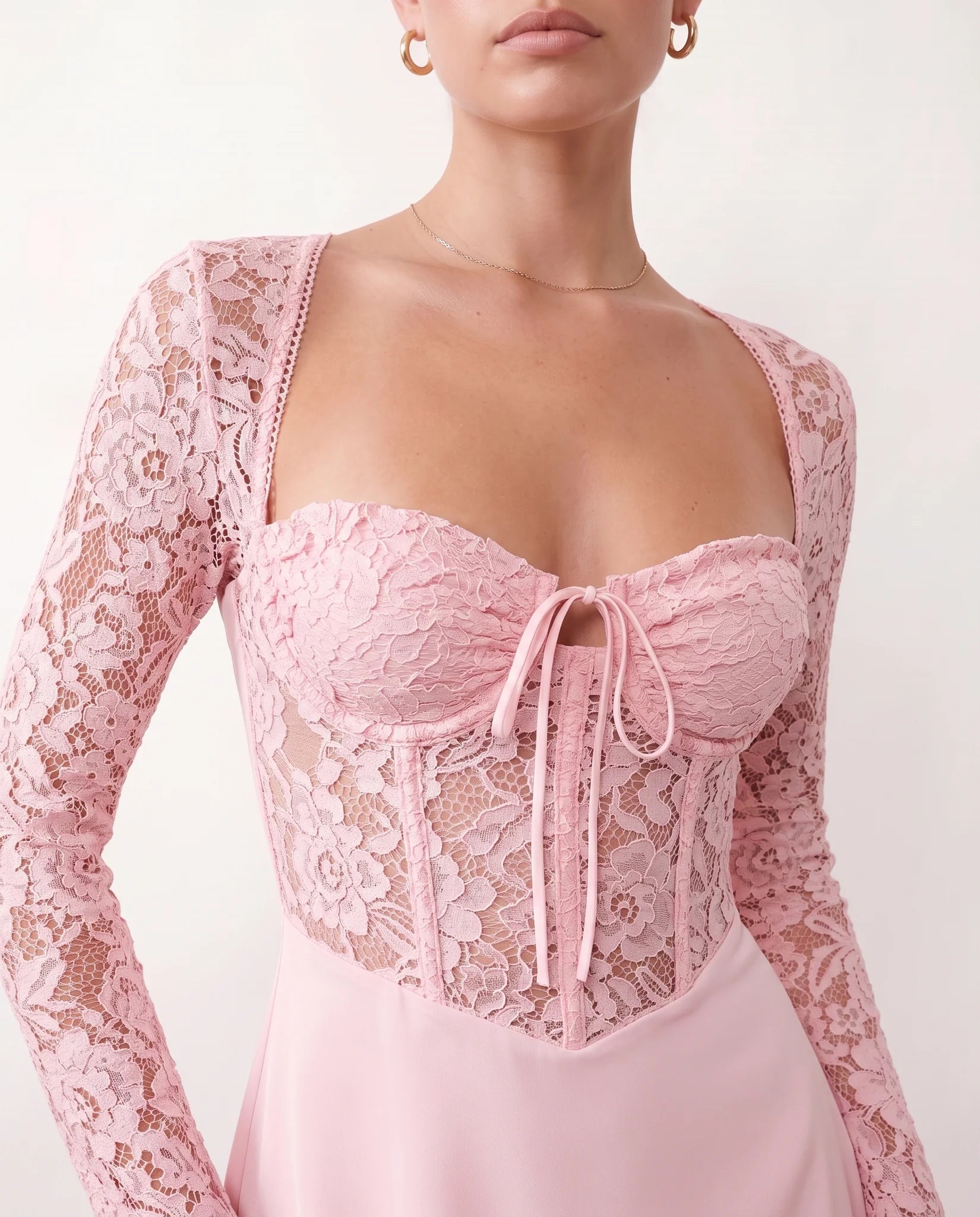 Joaquina Lace Sweetheart Mini Dress in Pink — detail close-up