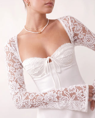 Joaquina Lace Sweetheart Mini Dress in White — detail close-up
