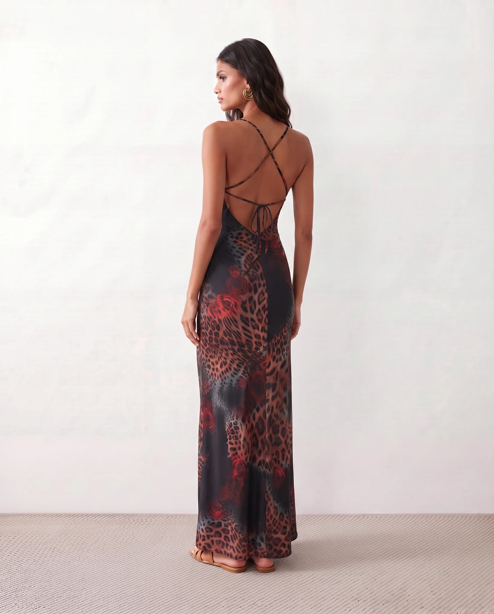 Adelia Slip Spaghetti Strap Maxi Dress in Animal Black — back view