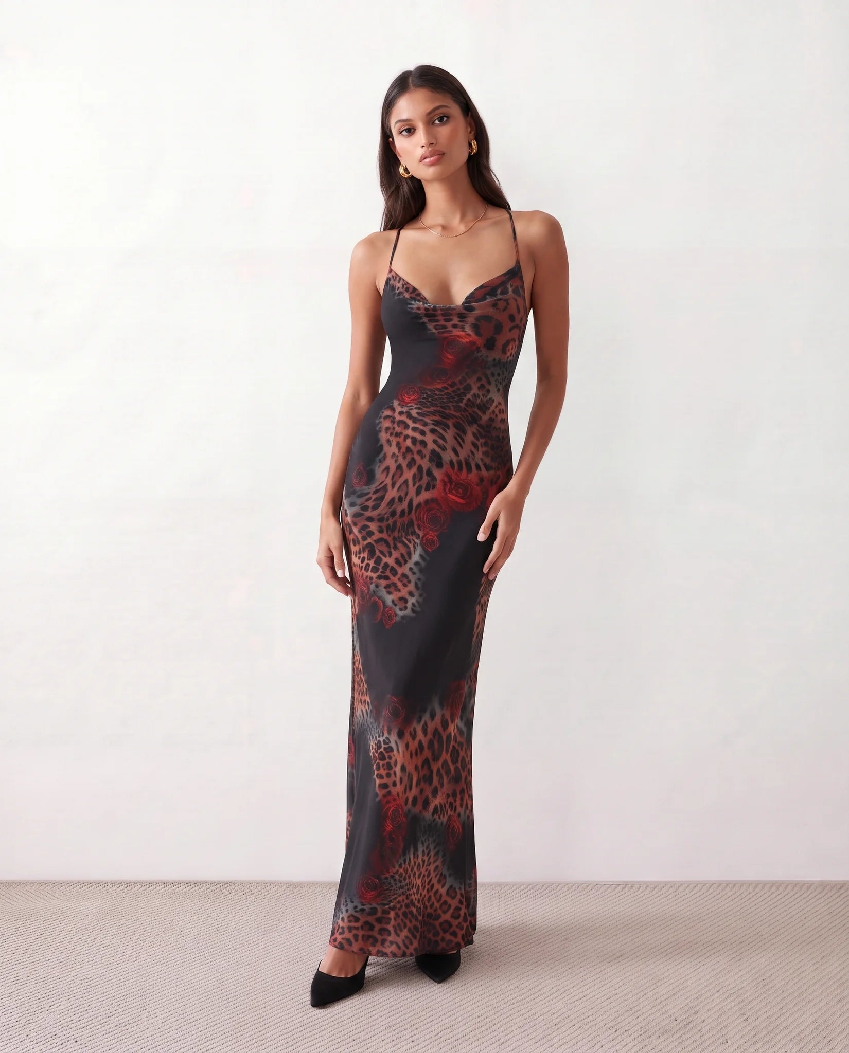 Adelia Slip Spaghetti Strap Maxi Dress in Animal Black — front view