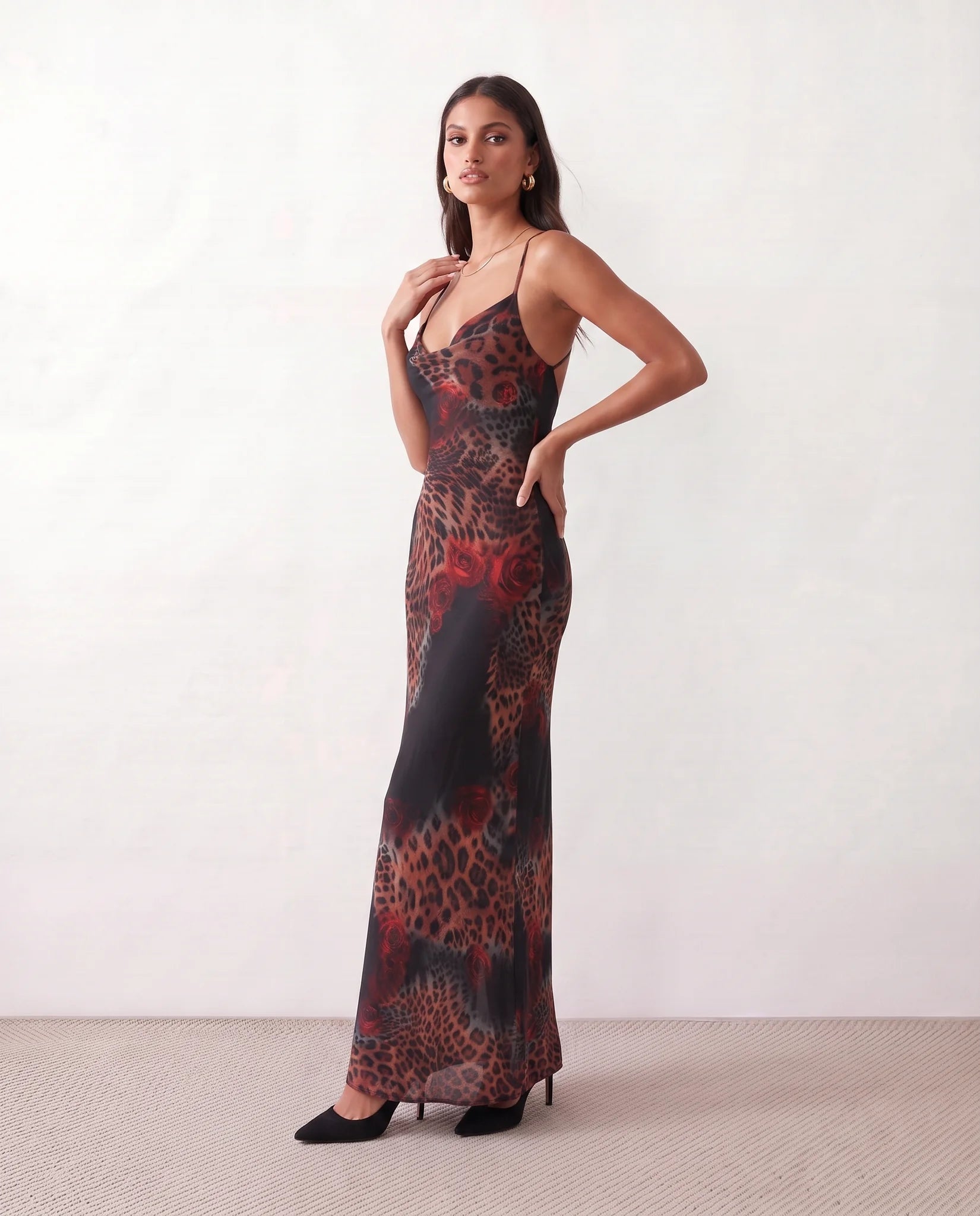 Adelia Slip Spaghetti Strap Maxi Dress in Animal Black — side view