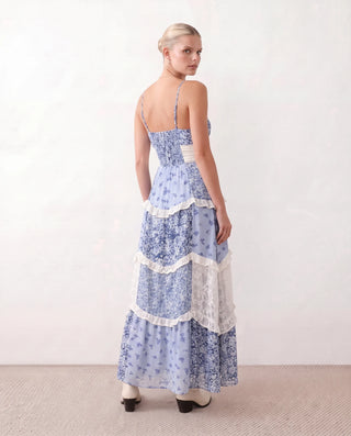 Germana Spaghetti Strap Low Back Maxi Dress in Floral Blue — back view