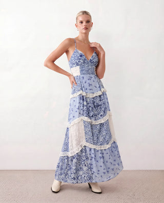 Germana Spaghetti Strap Low Back Maxi Dress in Floral Blue — front view