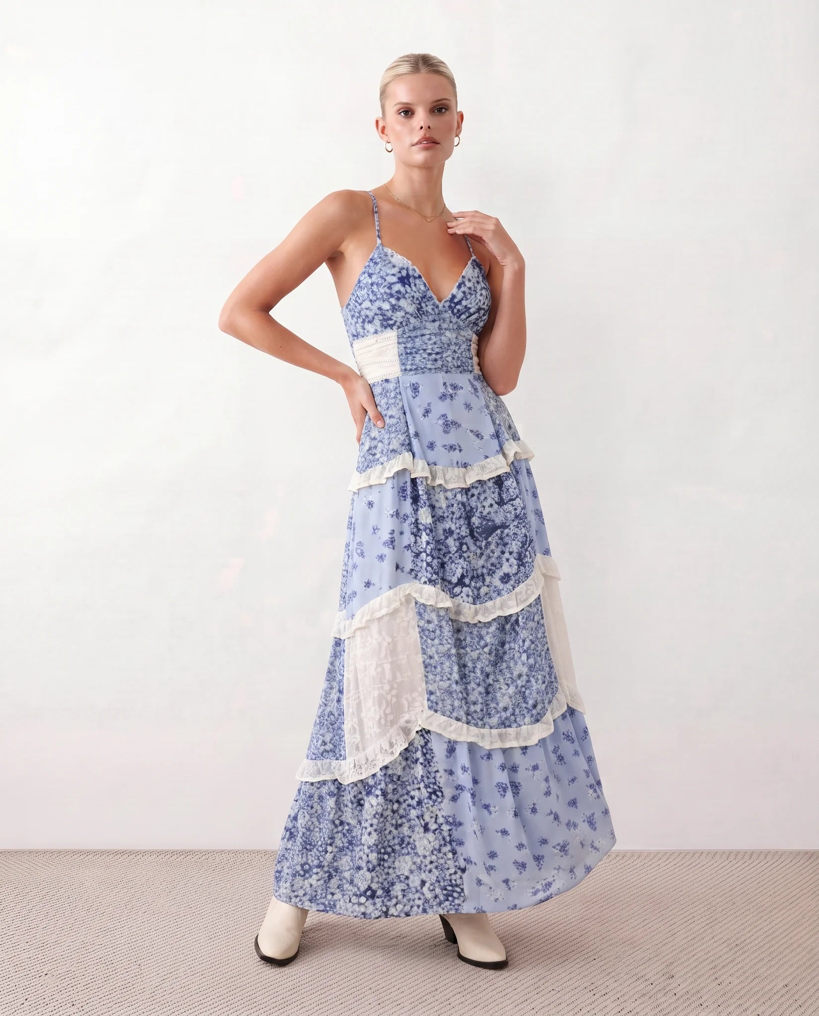 Germana Spaghetti Strap Low Back Maxi Dress in Floral Blue — front view