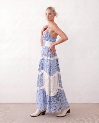 Germana Spaghetti Strap Low Back Maxi Dress in Floral Blue — side view