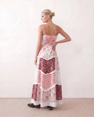 Germana Spaghetti Strap Low Back Maxi Dress in Floral Red — back view