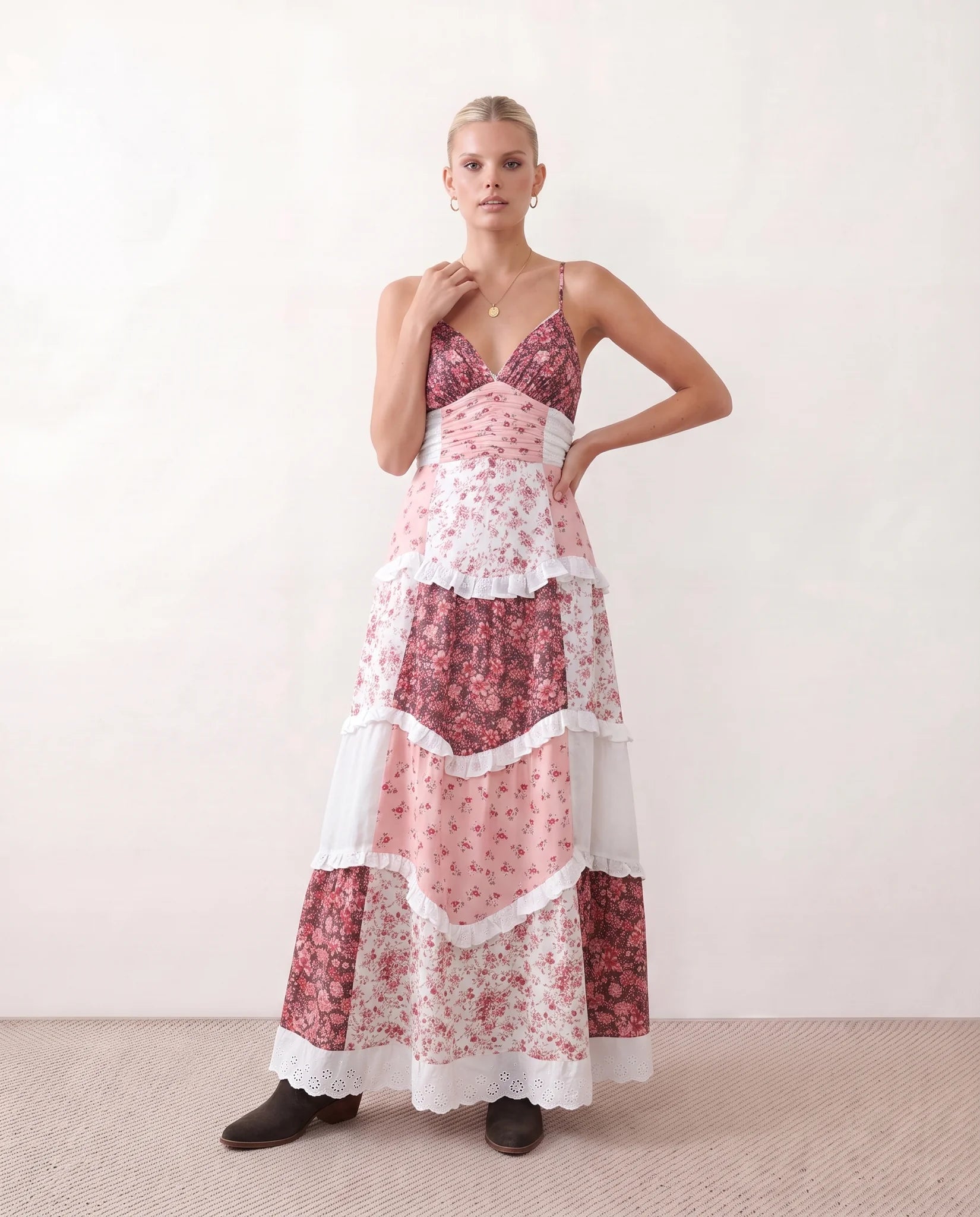Germana Spaghetti Strap Low Back Maxi Dress in Floral Red — front view