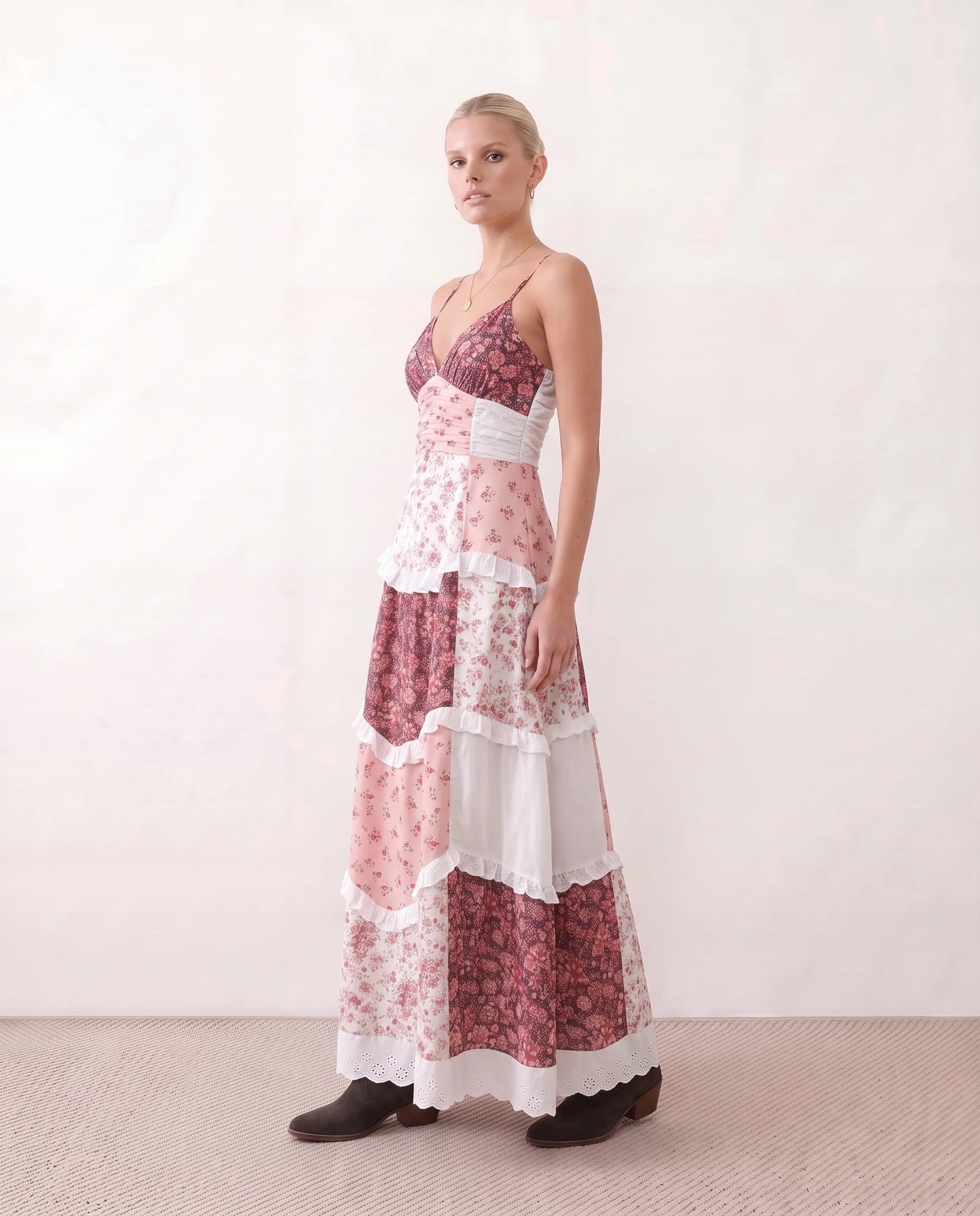 Germana Spaghetti Strap Low Back Maxi Dress in Floral Red — side view