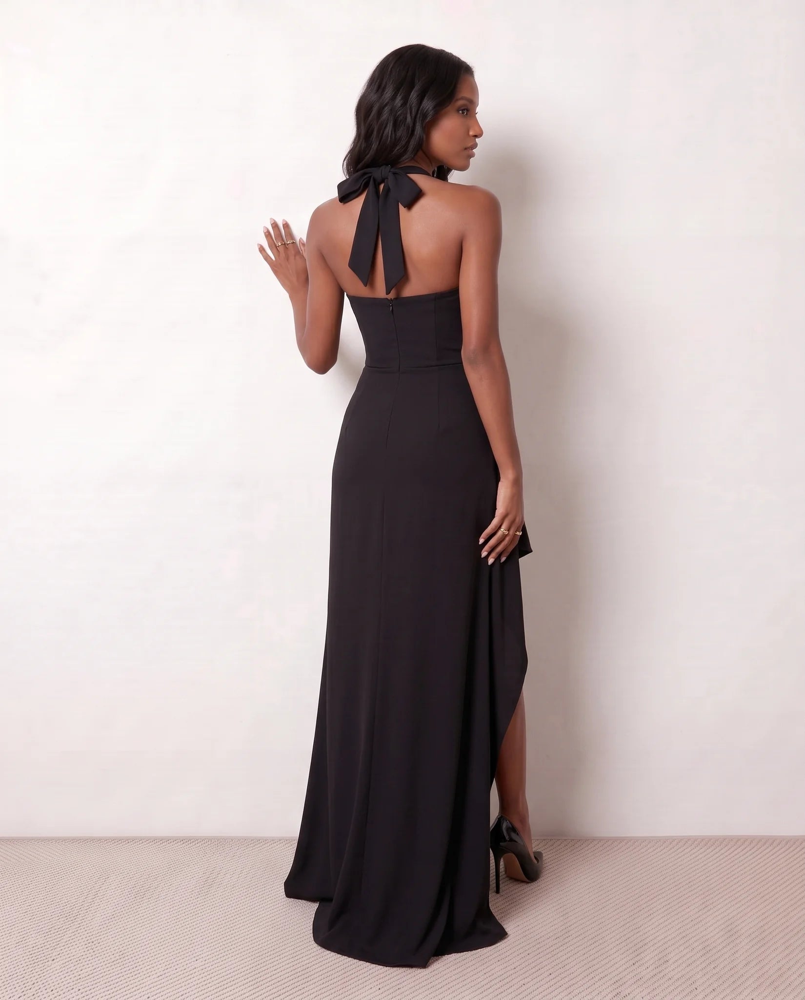 Viorela Halter Sweetheart Maxi Dress in Black — back view