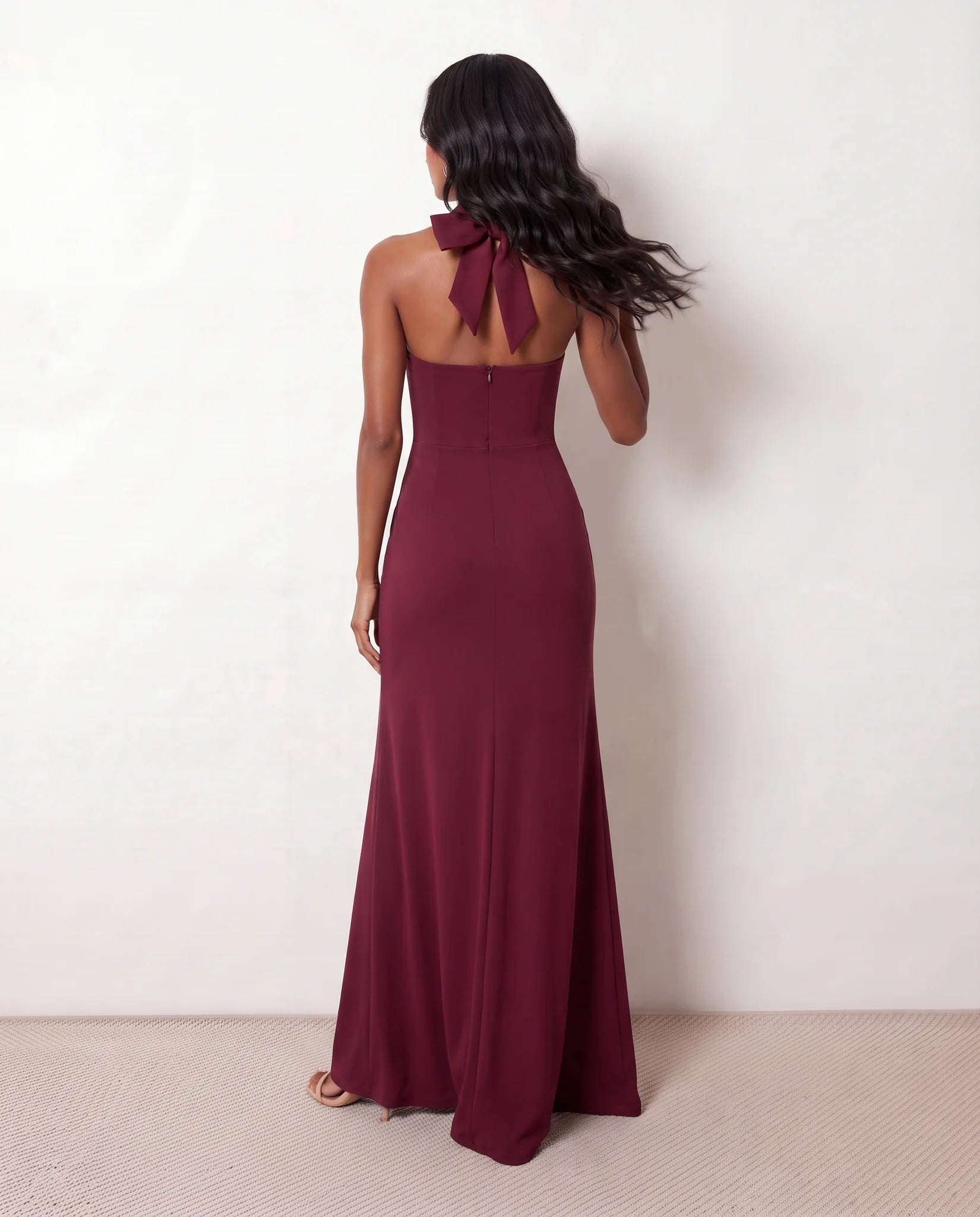 Viorela Halter Sweetheart Maxi Dress in Burgundy — back view