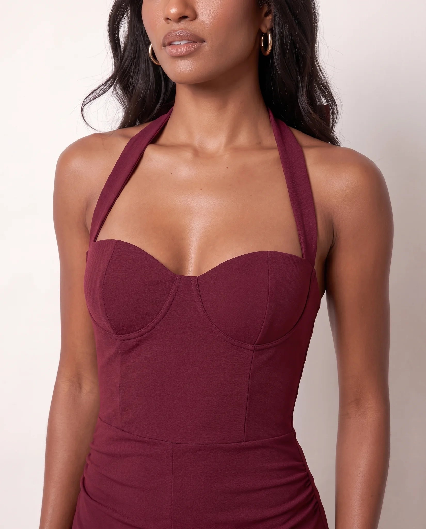 Viorela Halter Sweetheart Maxi Dress in Burgundy — detail close-up