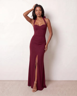 Viorela Halter Sweetheart Maxi Dress in Burgundy — front view