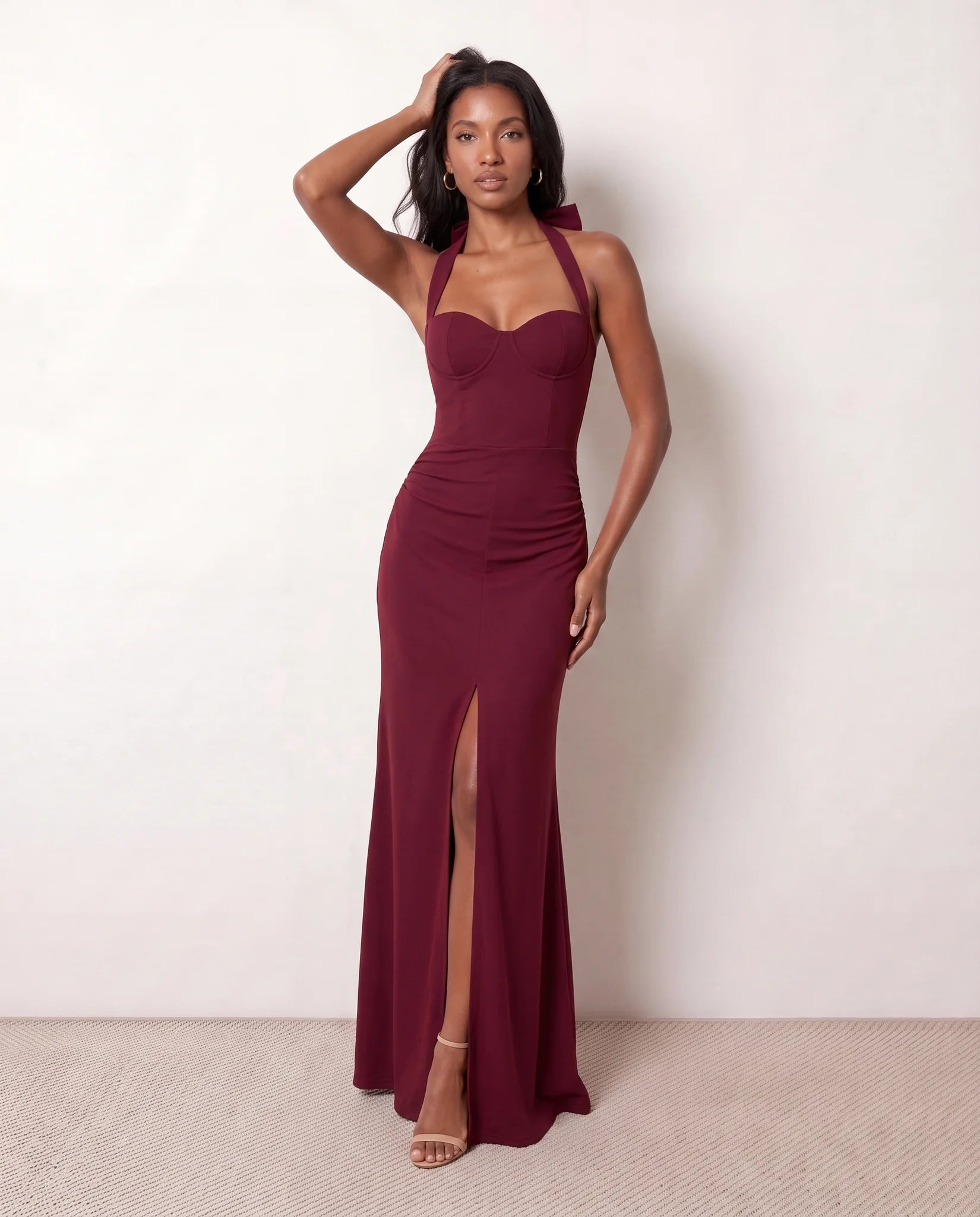 Viorela Halter Sweetheart Maxi Dress in Burgundy — front view