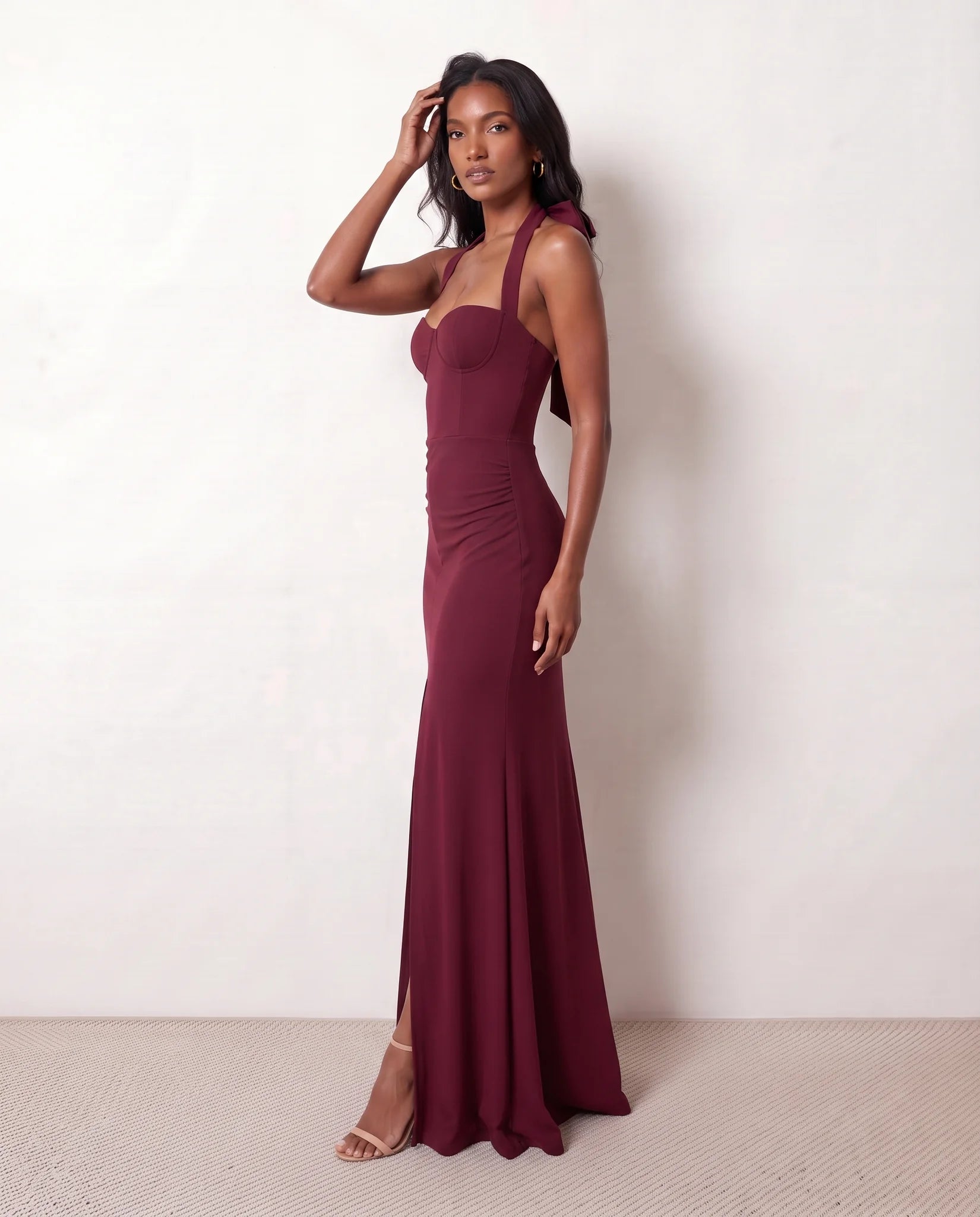 Viorela Halter Sweetheart Maxi Dress in Burgundy — side view