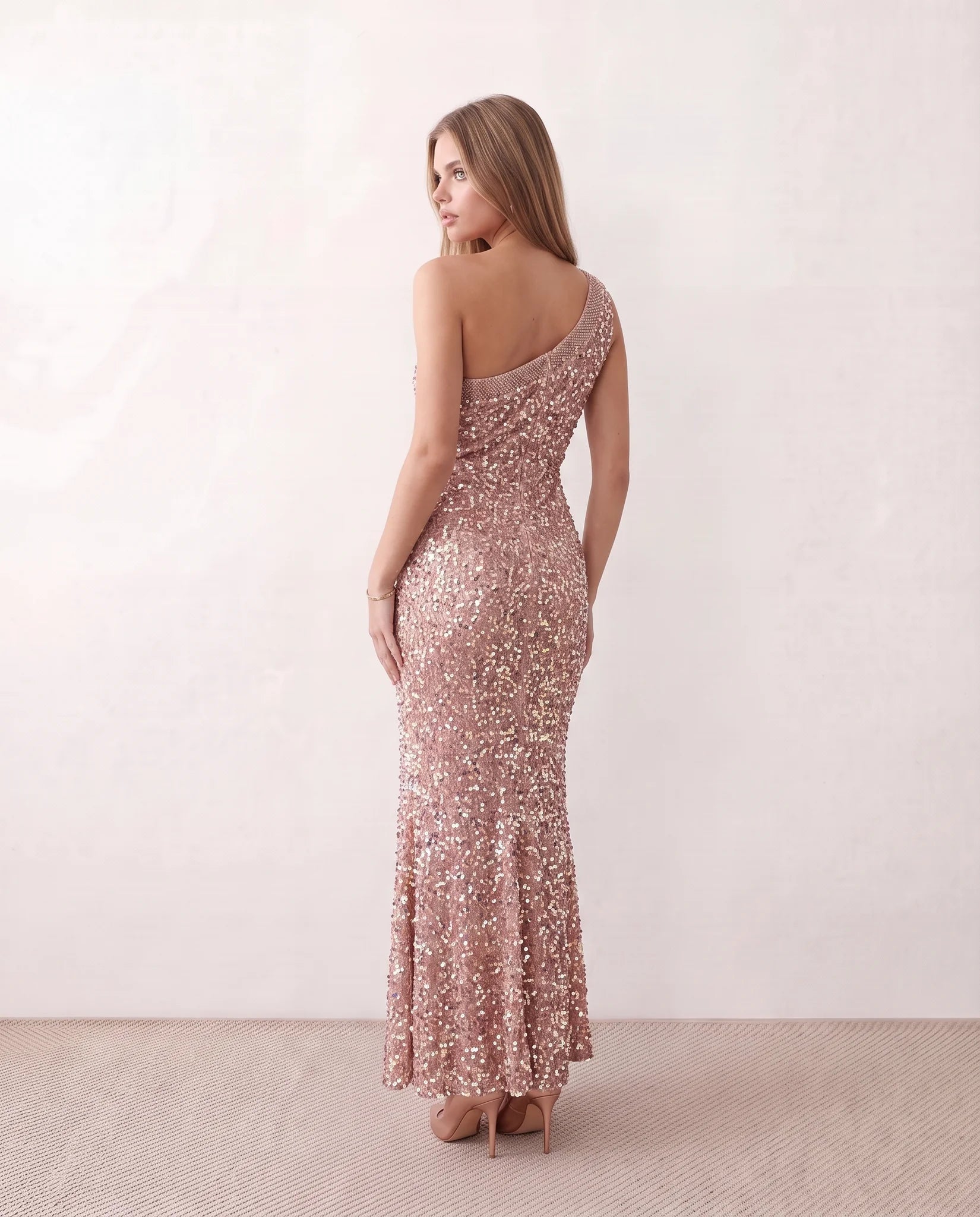 Christa Sequined Asymmetric Neck Maxi Dress in Beige — back view