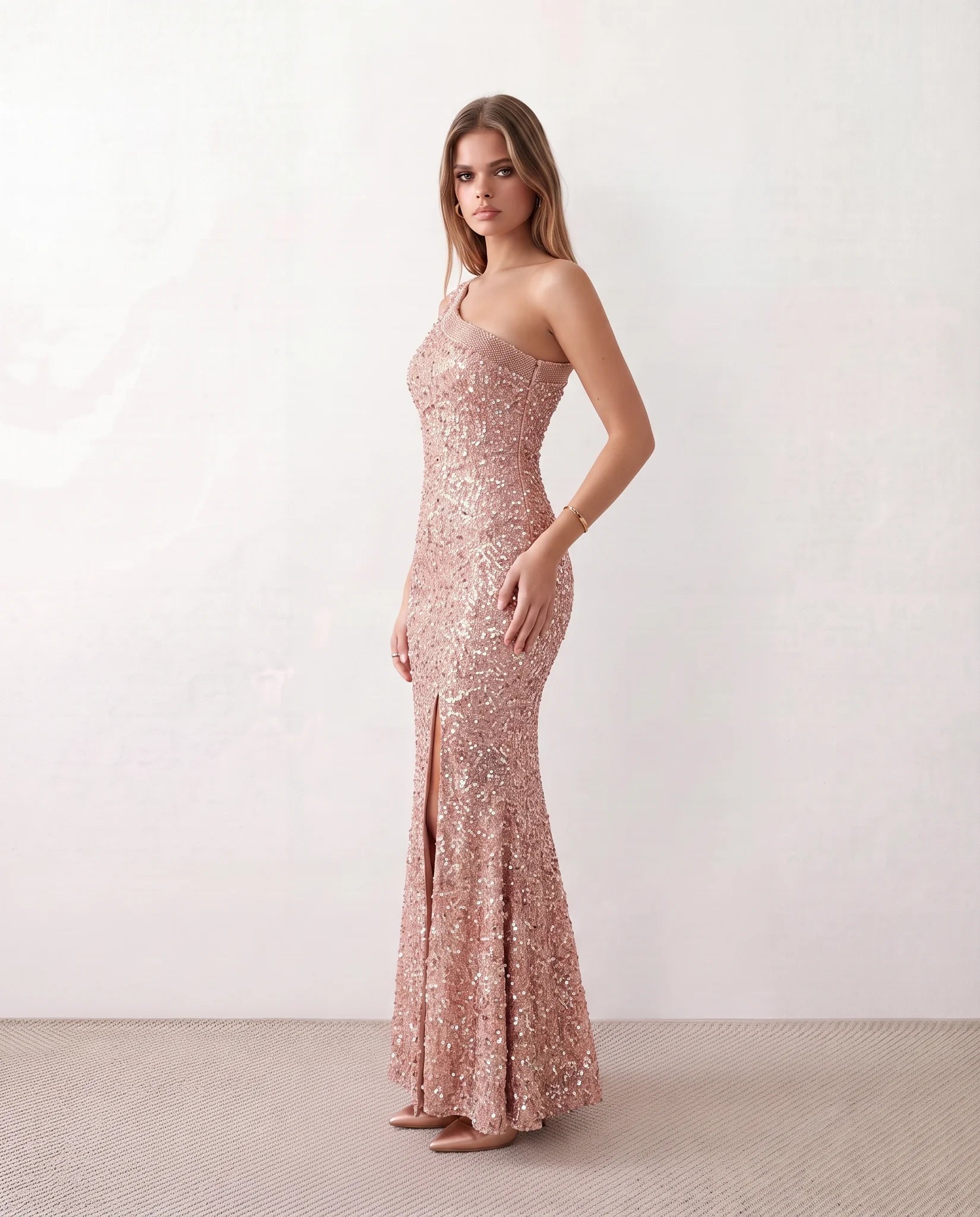 Christa Sequined Asymmetric Neck Maxi Dress in Beige — side view