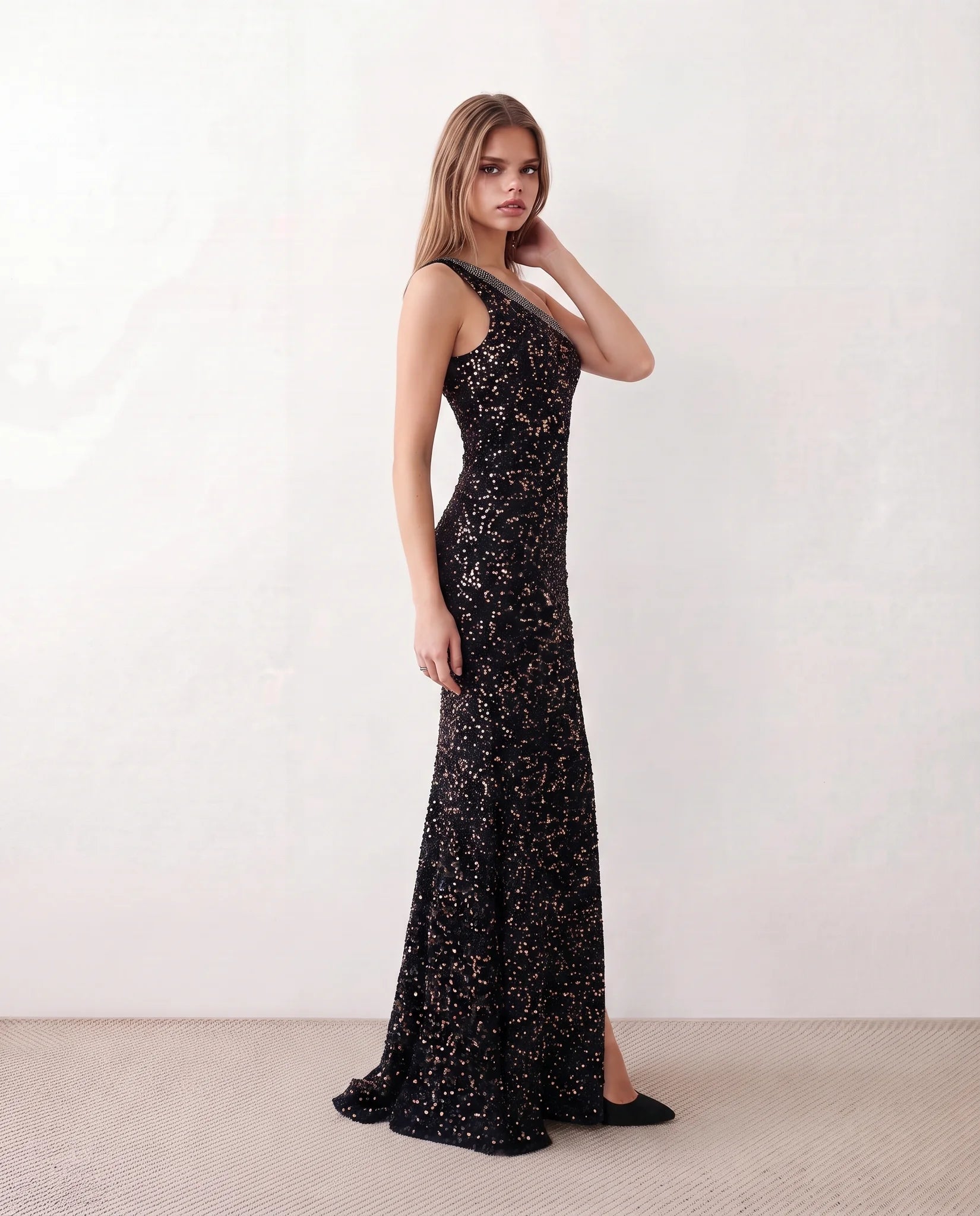 Christa Sequined Asymmetric Neck Maxi Dress in Black — side view