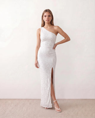 Christa Sequined Asymmetric Neck Maxi Dress in White — front view
