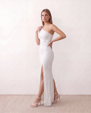 Christa Sequined Asymmetric Neck Maxi Dress in White — side view