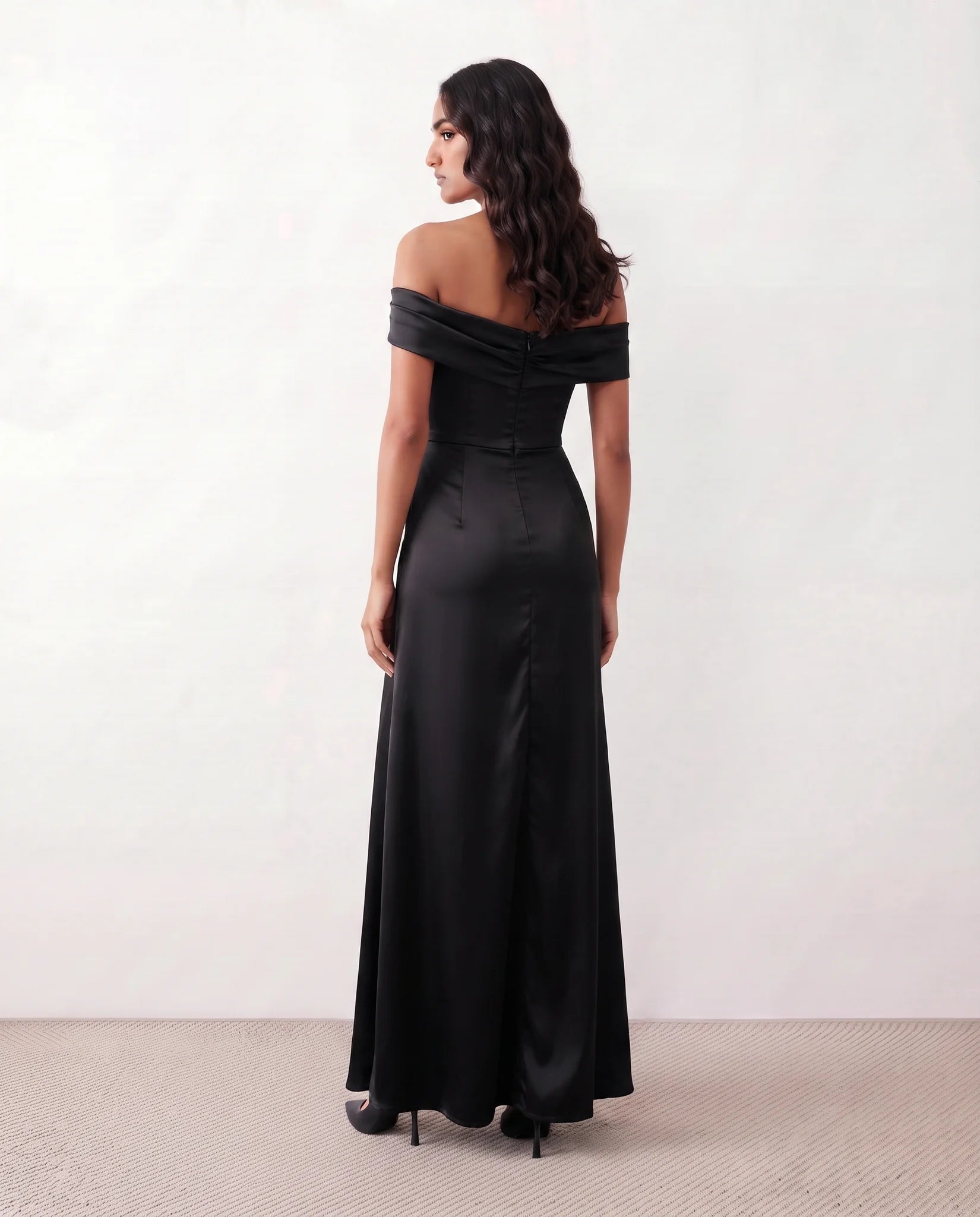 Adela Glossy Off Shoulder Maxi Dress in Black — back view