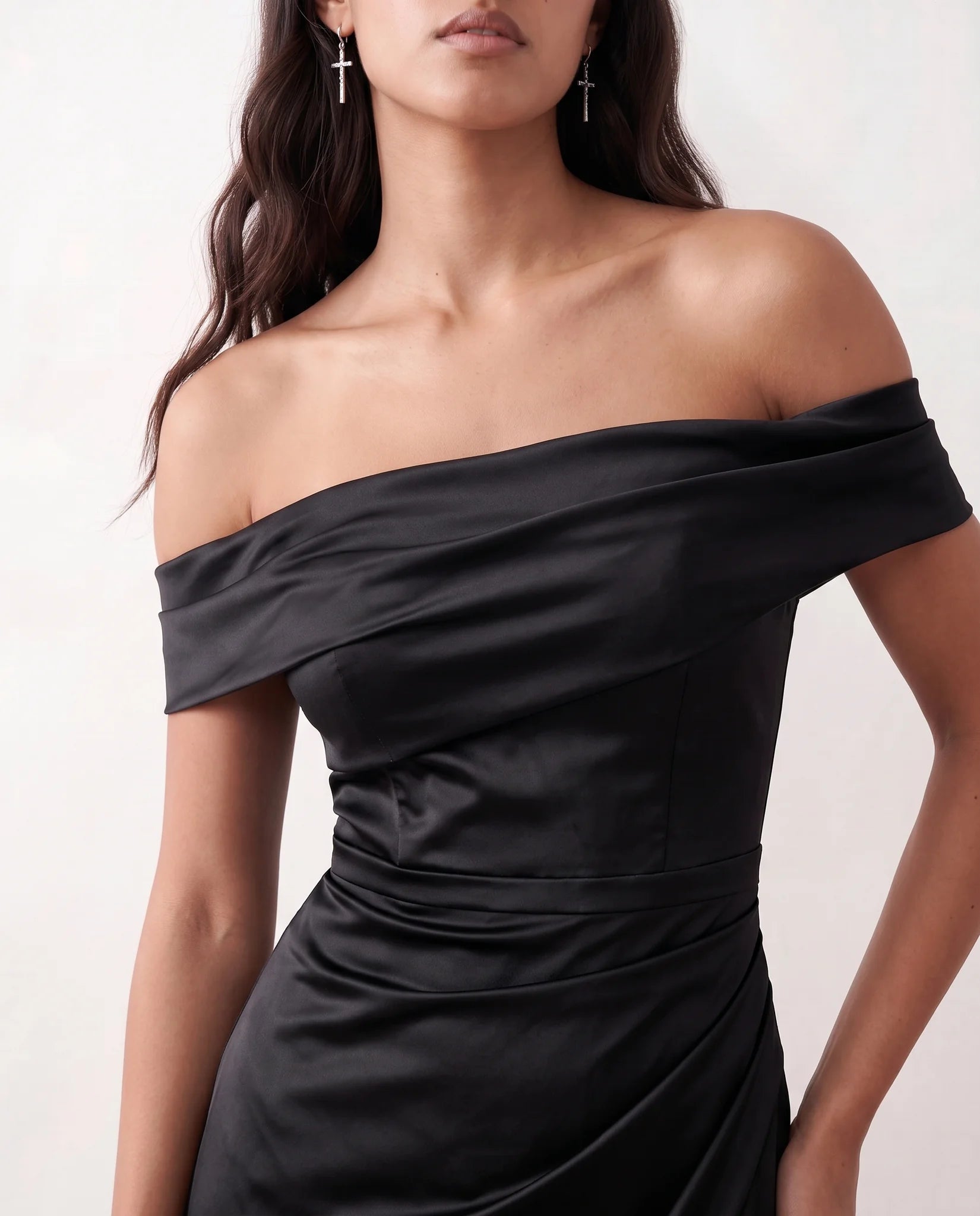 Adela Glossy Off Shoulder Maxi Dress in Black — detail close-up