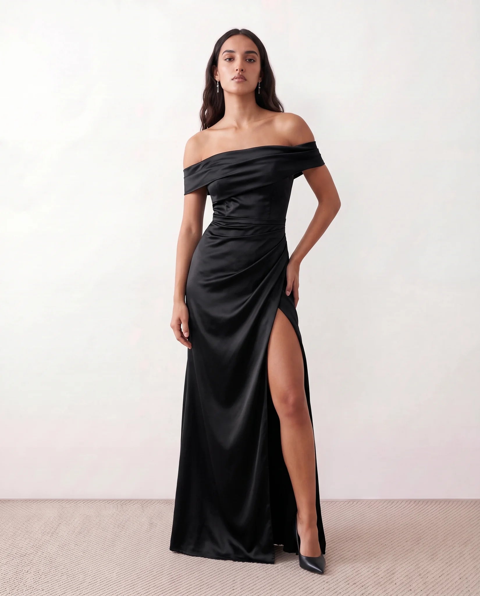 Adela Glossy Off Shoulder Maxi Dress in Black — front view
