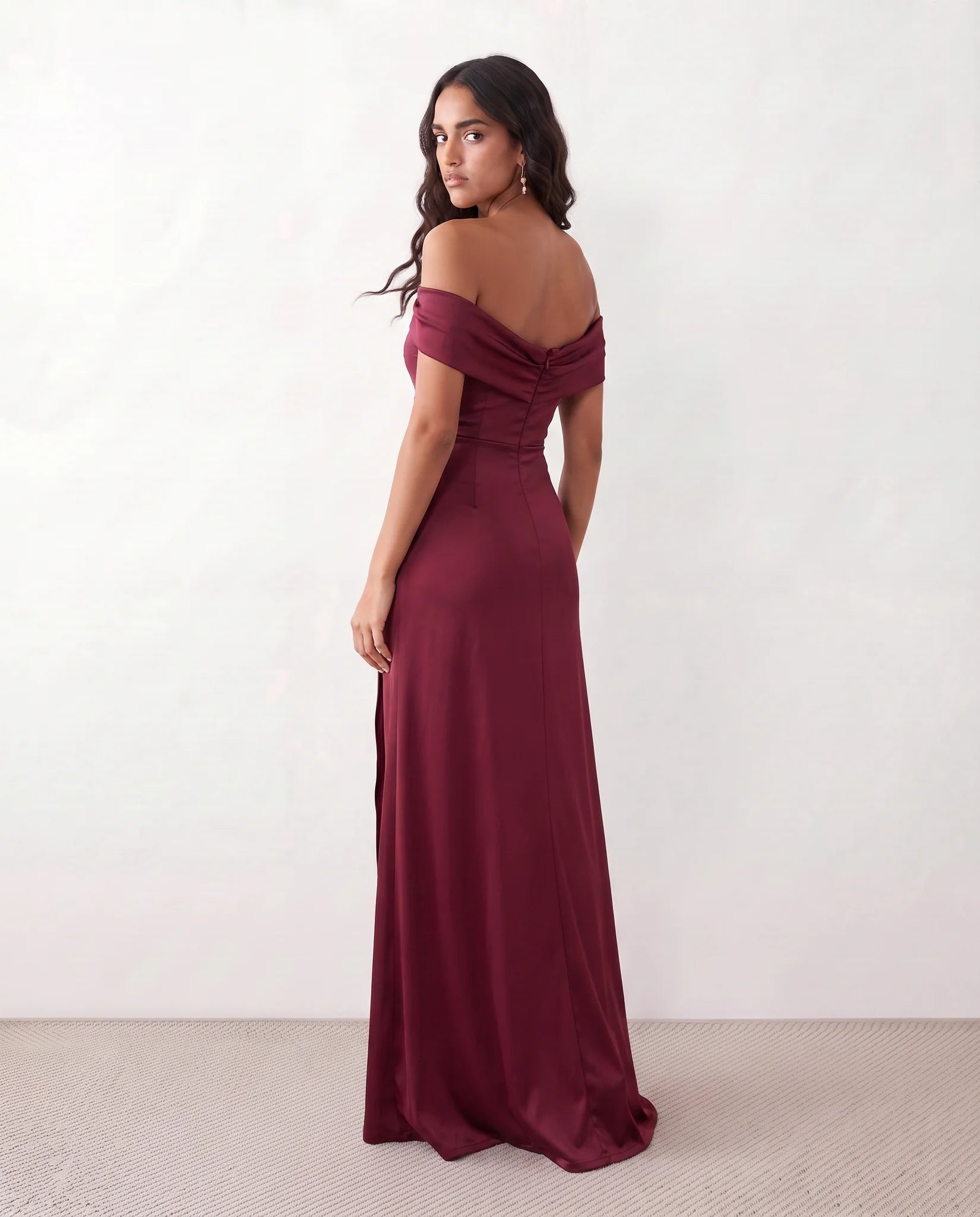 Adela Glossy Off Shoulder Maxi Dress in Burgundy — back view