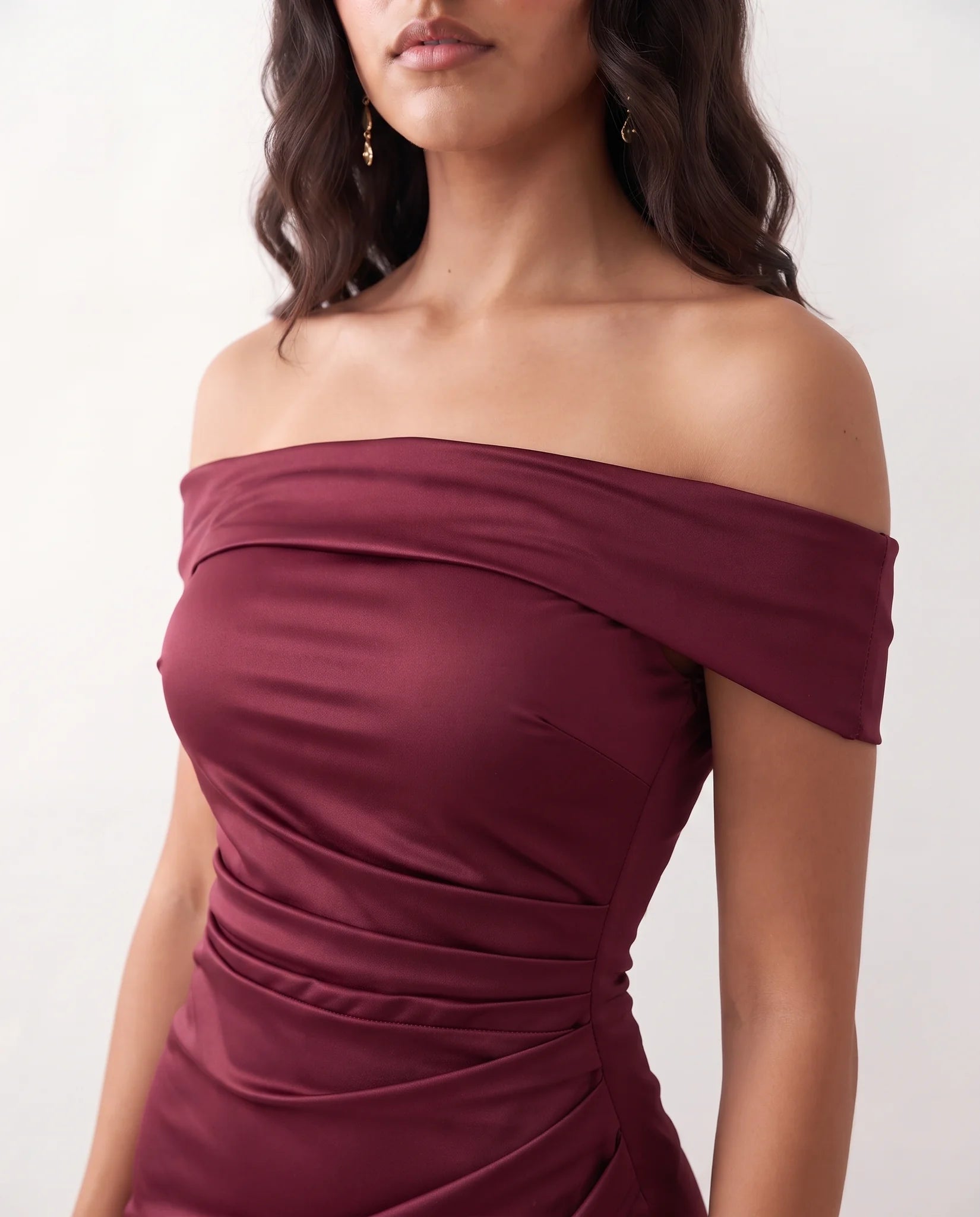 Adela Glossy Off Shoulder Maxi Dress in Burgundy — detail close-up