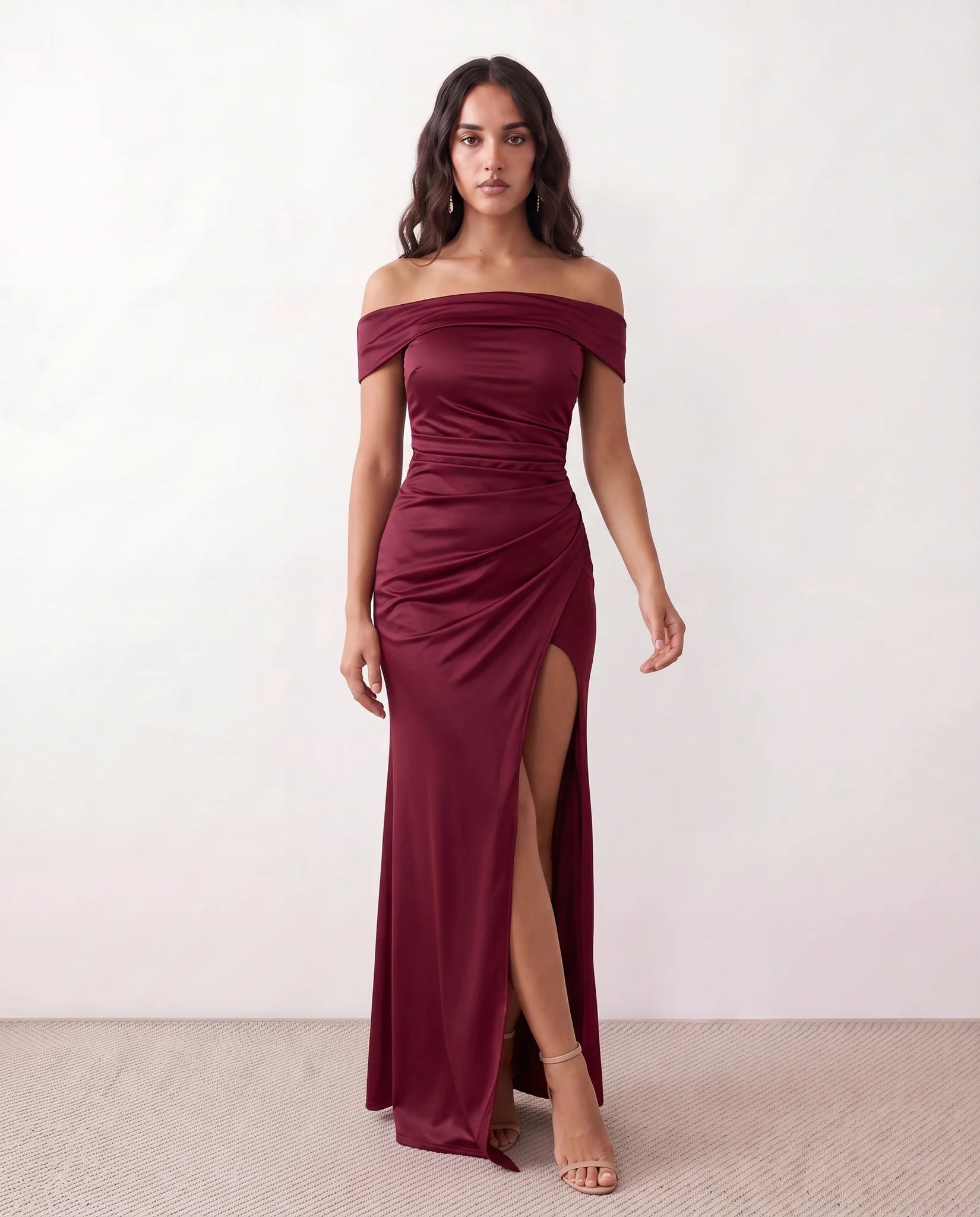 Adela Glossy Off Shoulder Maxi Dress in Burgundy — front view